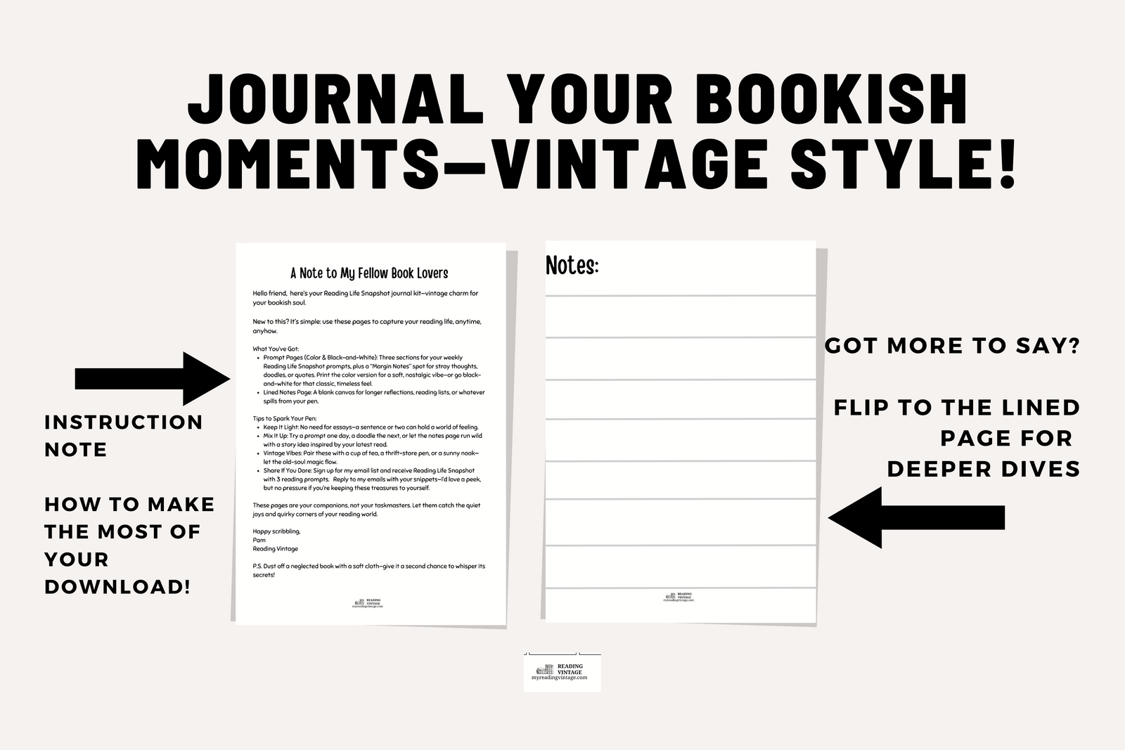 Vintage Reading Journal Pages - Digital Download PDF