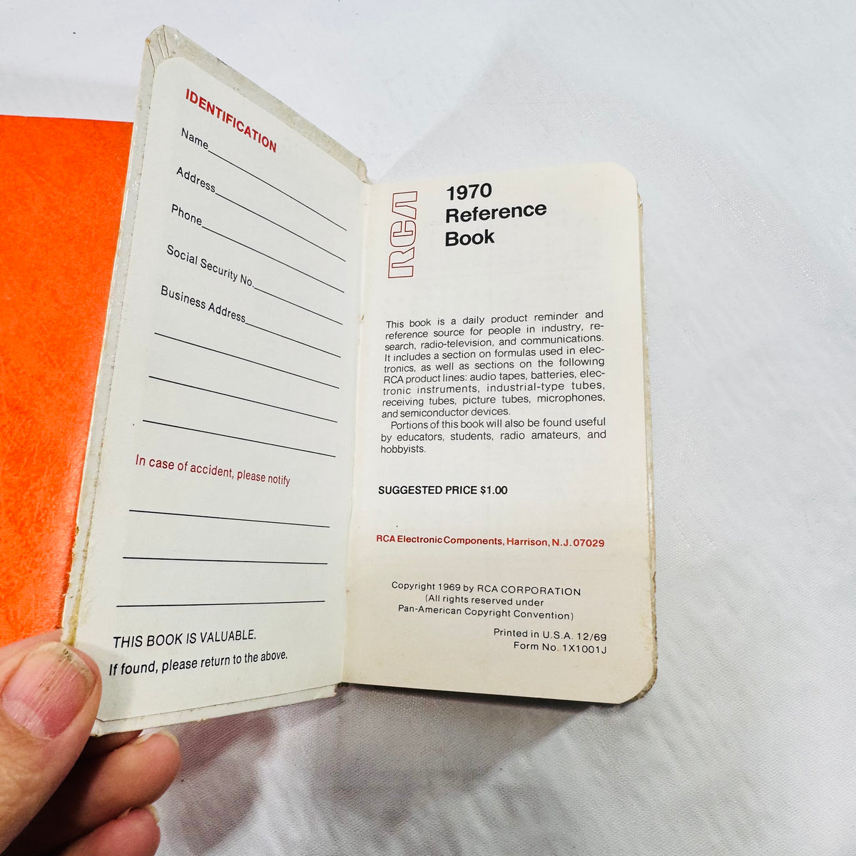 RCA 1970 Reference Book blank identification page and title page, copyright 1969, Form No. 1X1001J.
