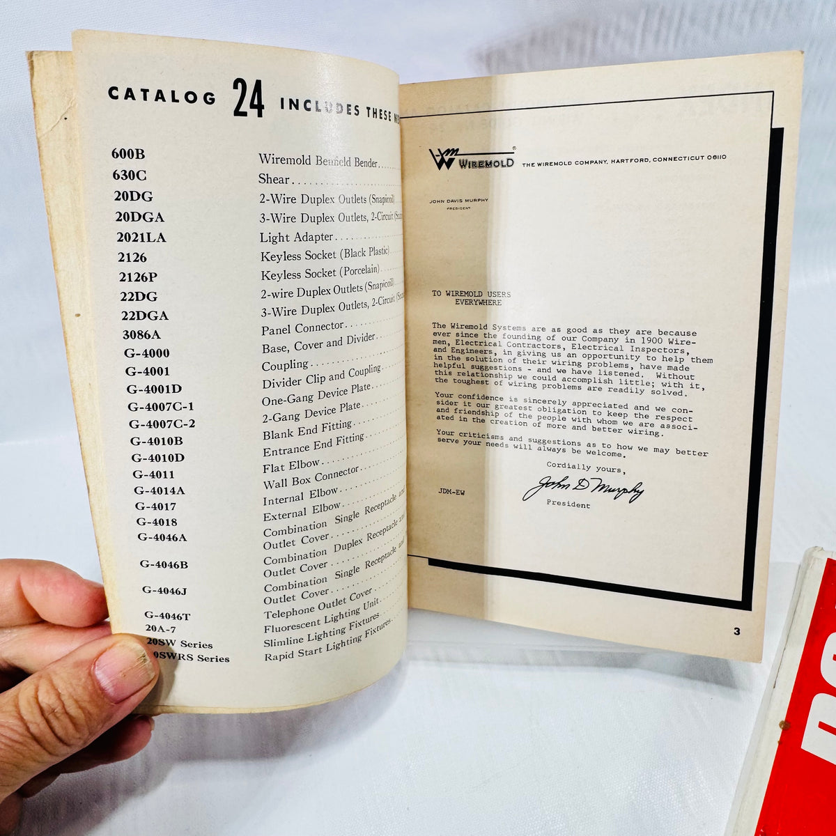 Wiremold Catalog 24 new items list and letter to Wiremold users from president John Davis Murphy.