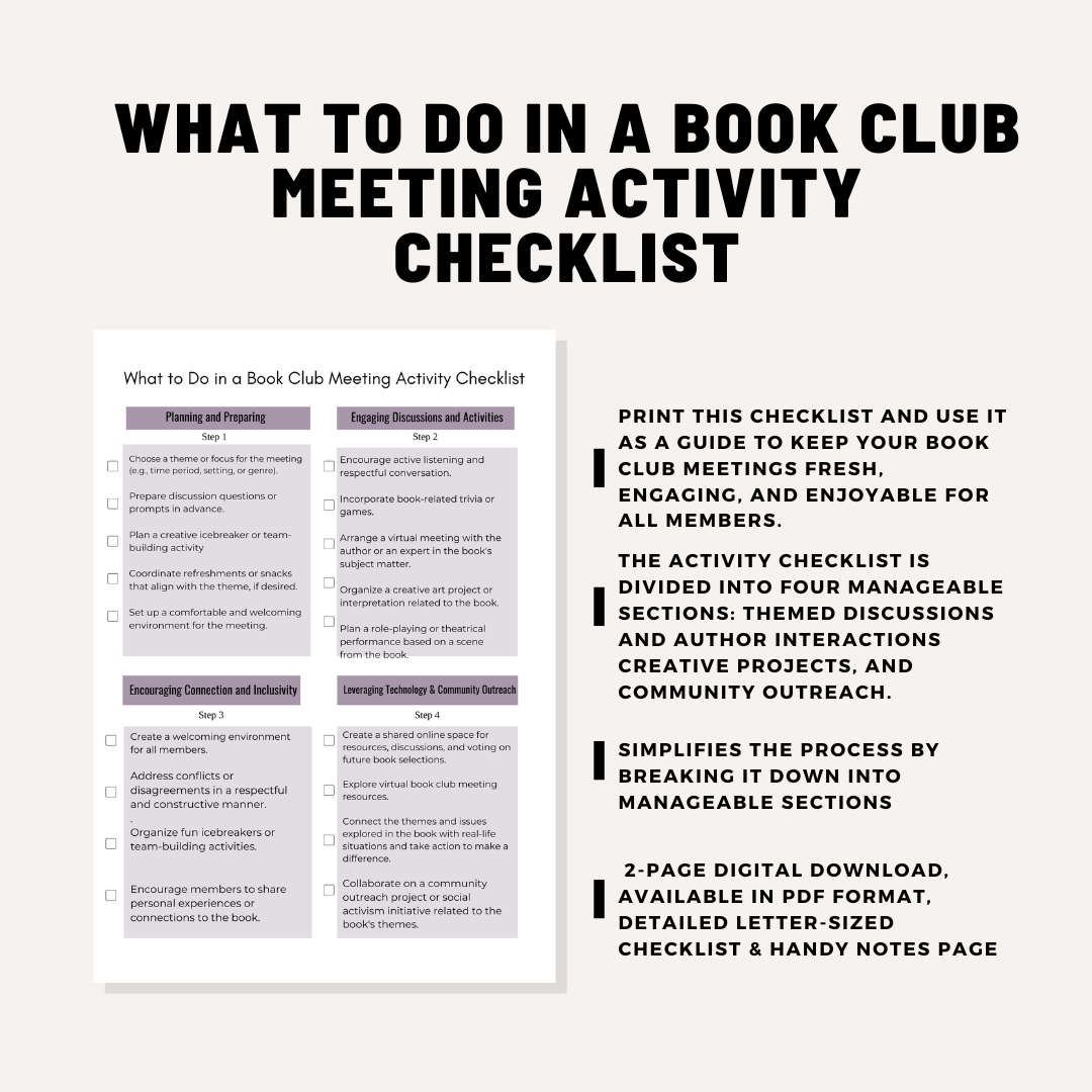 What to Do in a Book Club Meeting – Activity Checklist (PDF Download)  | Instant Digital Download