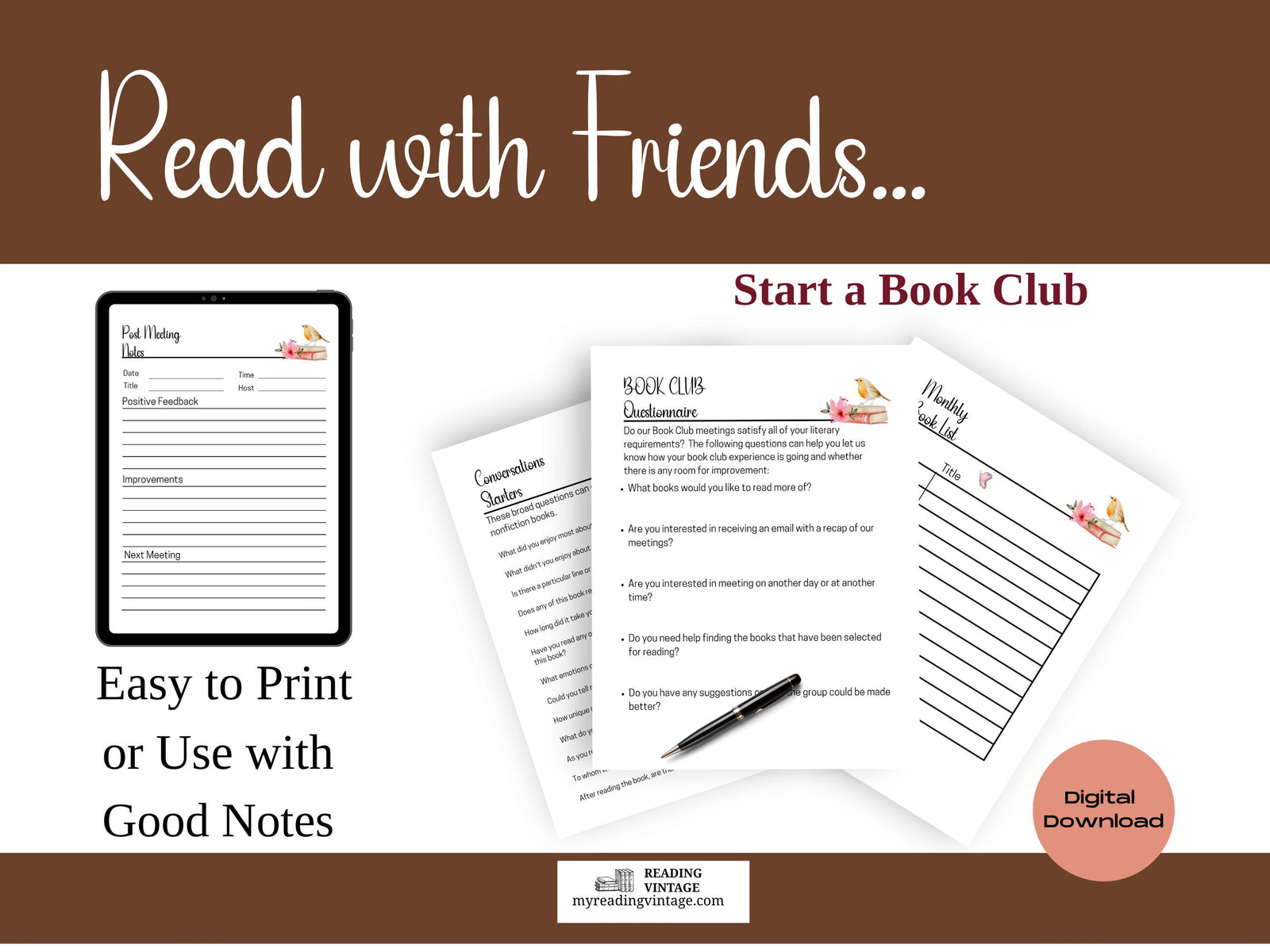 Book Club Printable Planner System (A5 PDF Download) | Vintage-Inspired Reading Organizer