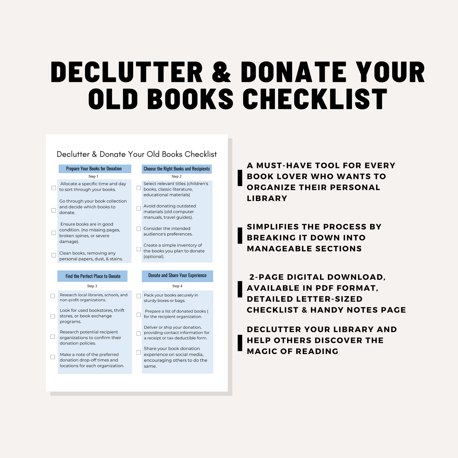 Declutter & Donate Your Books Checklist (2 Pages) – Digital Download PDF | Library Organizing & Donation Guide