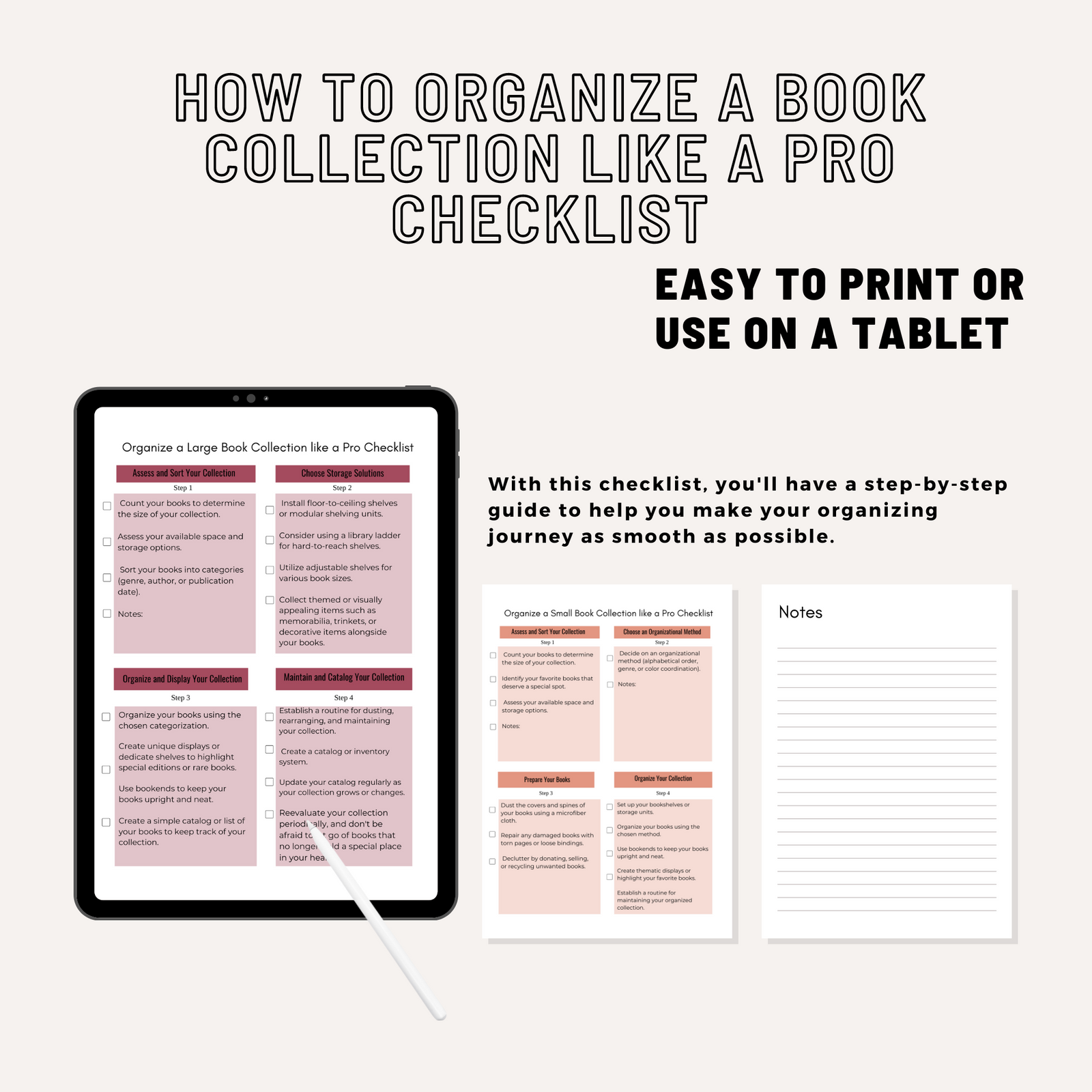 The Ultimate Book Collection Organization Checklists for Large and Small Book Collections 3 Page PDF Digital Download