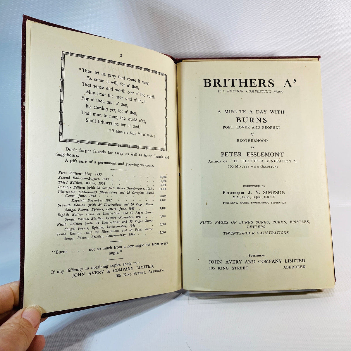 A Minute in the Day with Burns Poet Lover & Prophet of Brotherhood by Peter Esslemont 1945 Vintage Book
