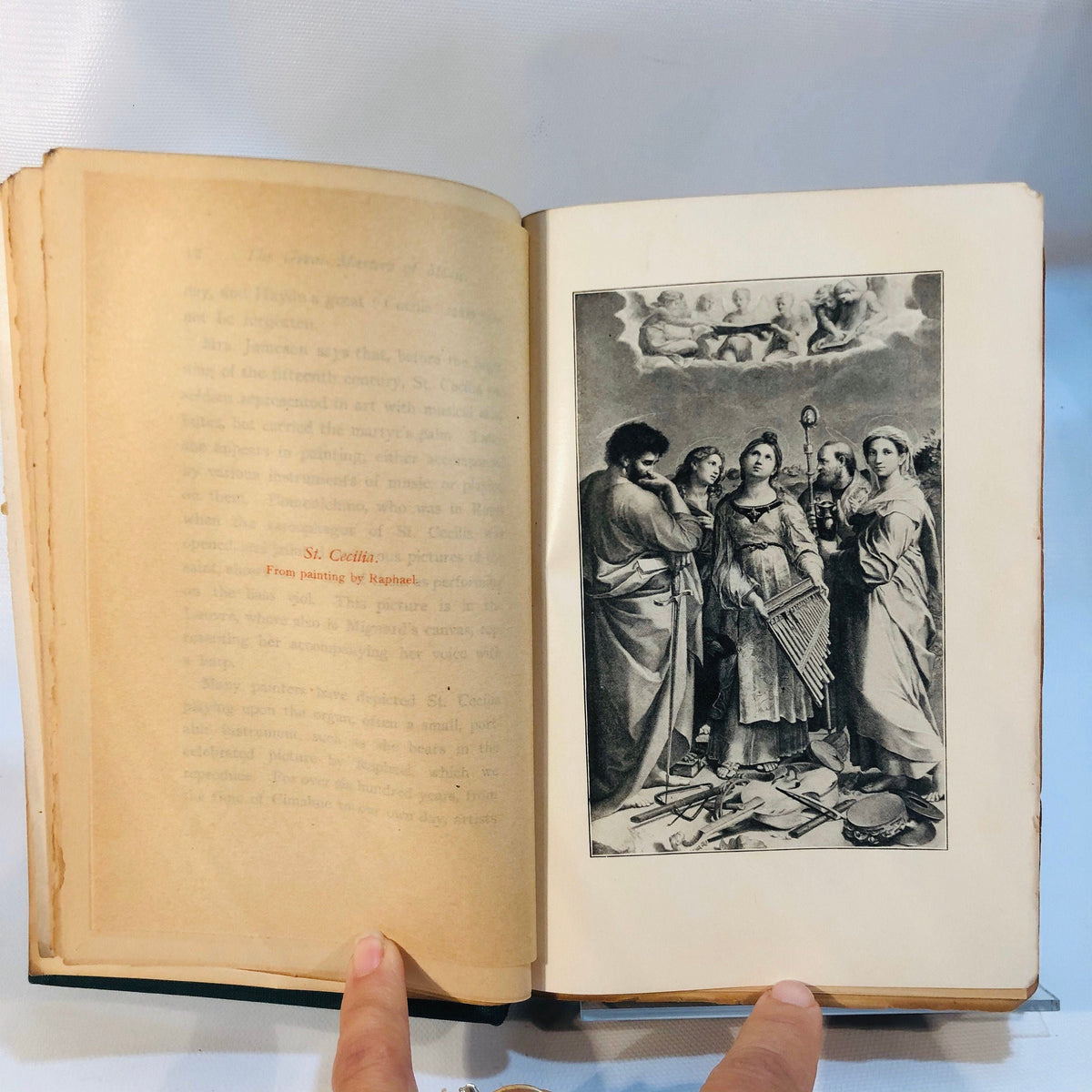 St. Cecilia plate beside a toned text page, Among the Great Masters of Music 1900