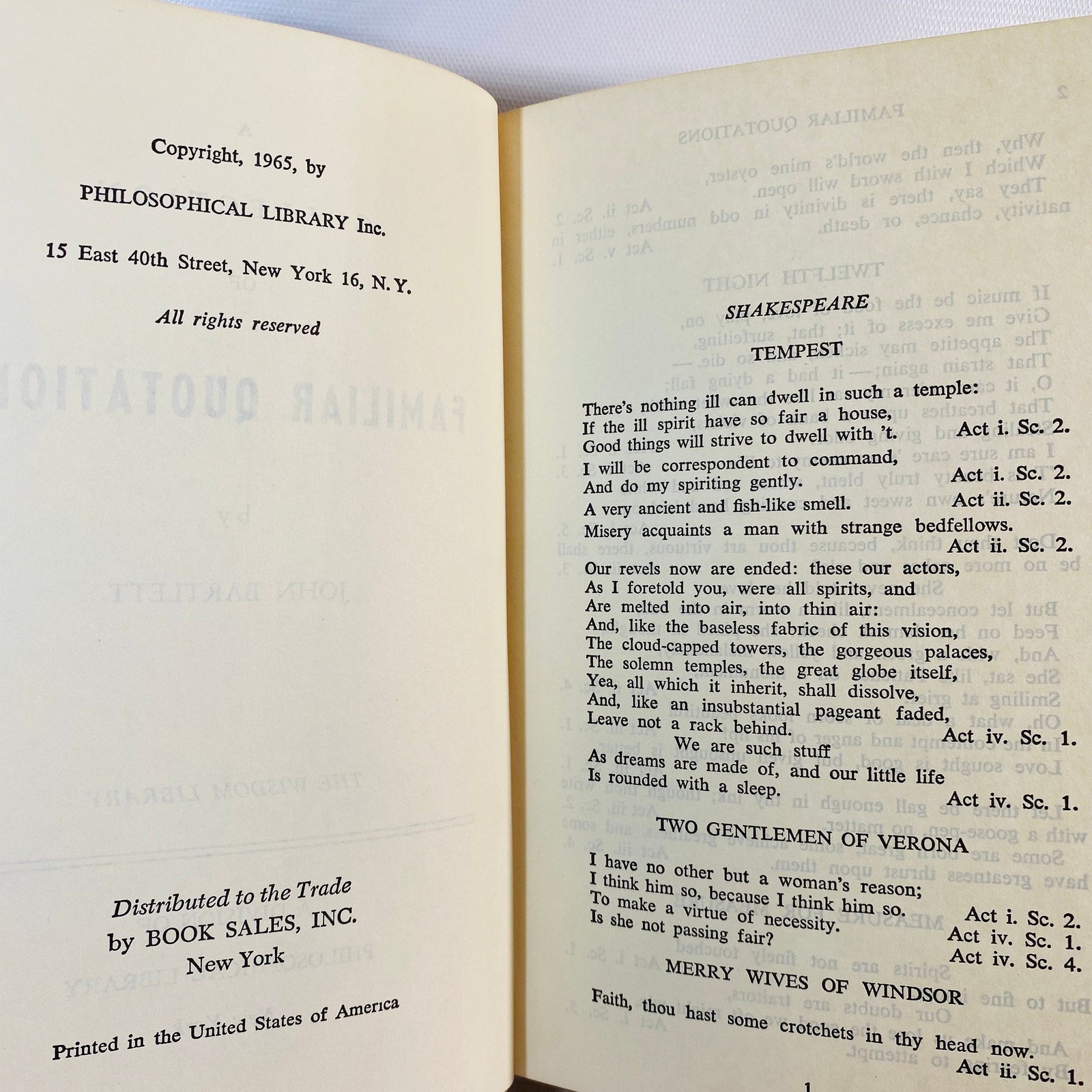 Familiar Quotations by John Bartlett 1965 Vintage Book