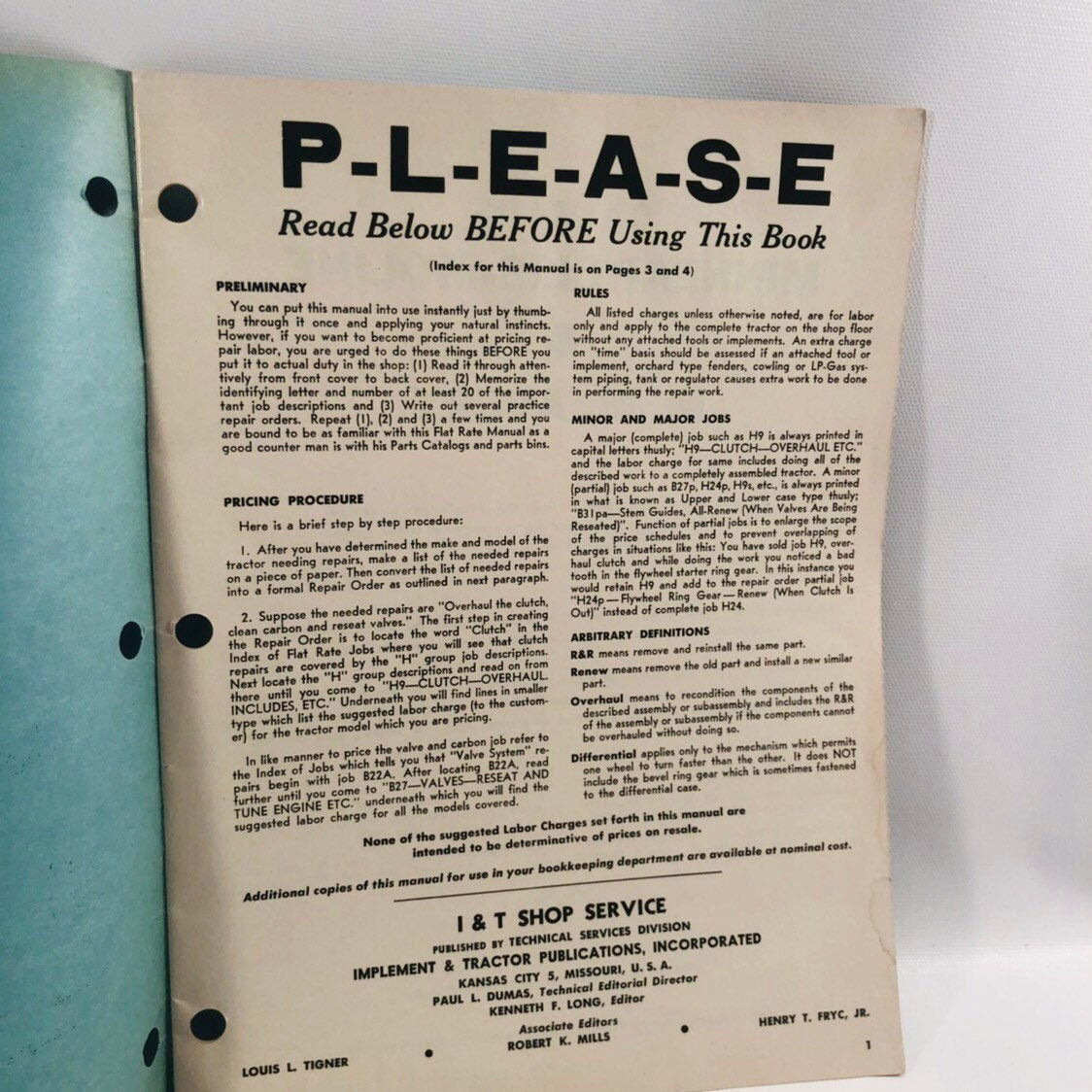 I&T Shop Service Flat Rate Manual No MM-9 Minneapolis-Moline 1959