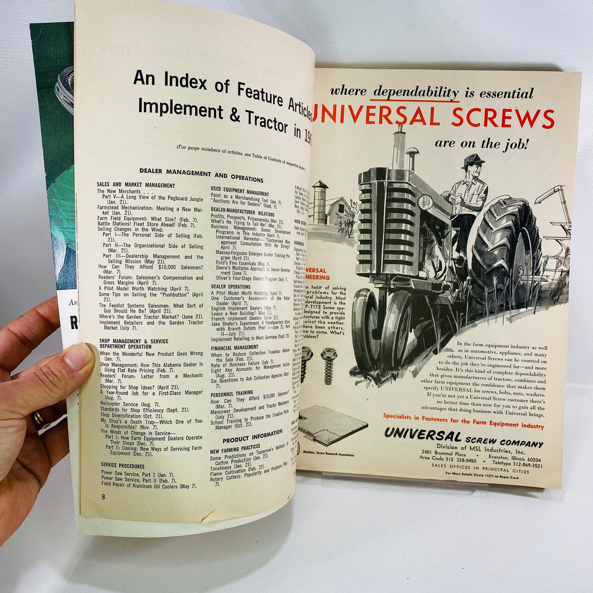 Index of Feature Articles page beside a Universal Screws tractor ad, Product File 1964
