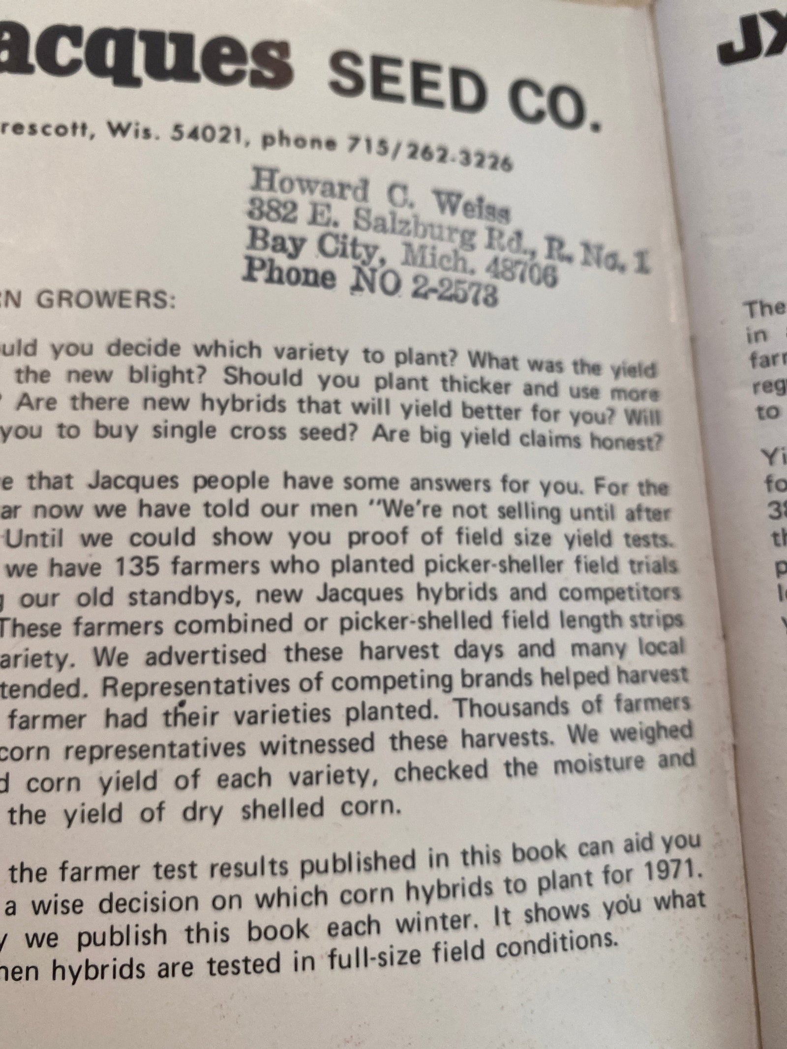 Jacques Seed Co. letter to corn growers with a Bay City dealer stamp, 1971