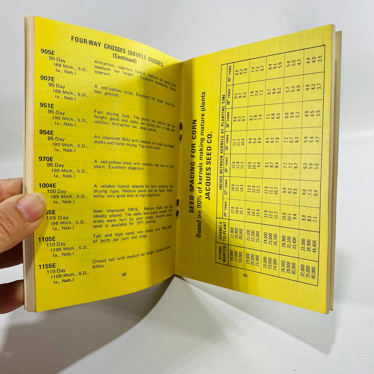 Four-Way Crosses page and Seed Spacing for Corn chart on yellow pages, Jacques 1971
