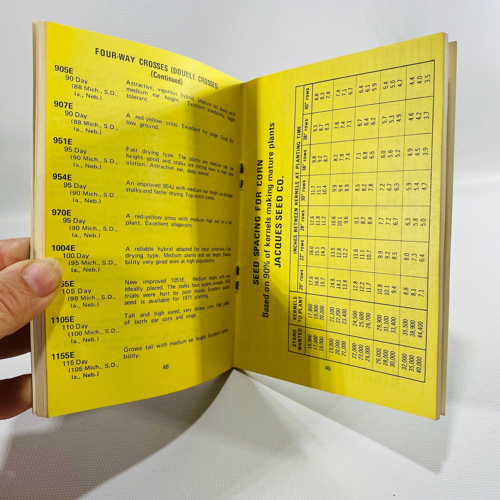 Four-Way Crosses page and Seed Spacing for Corn chart on yellow pages, Jacques 1971