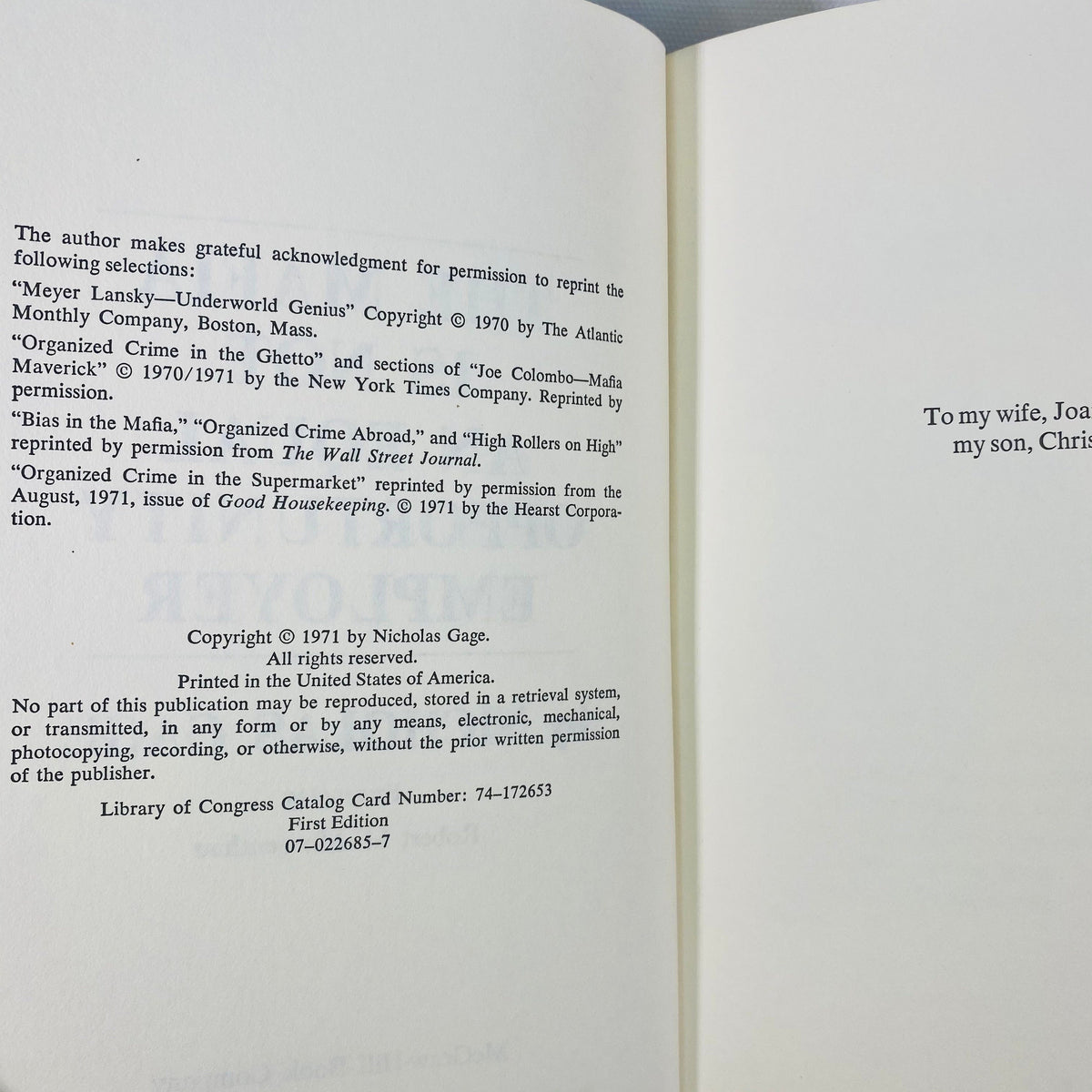 This Mafia is not an Equal Opportunity Employer by Nicholas Gage 1971 First Edition McGraw-Hill Co Vintage Book