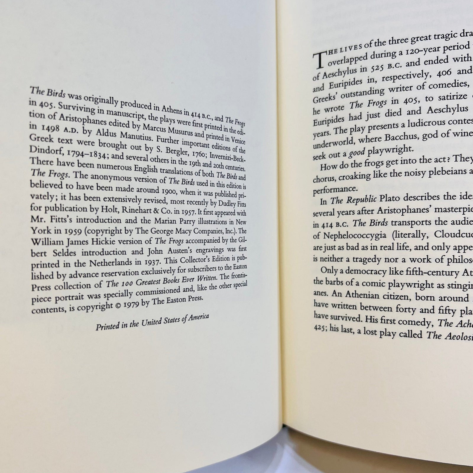 The Birds, The Frogs by Aristophanes introduction by Dudley Fitts 1979 Easton Press part of the 100 Greatest Books