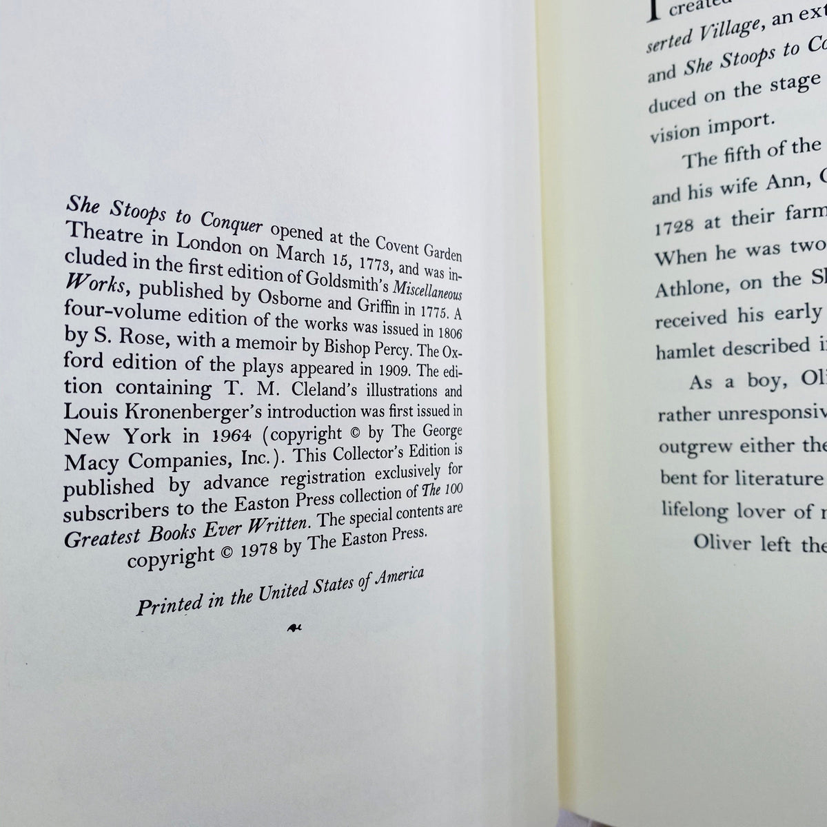 She Stoops to Conquer or The Mistakes of a Night A Novel by Oliver Goldsmith 1978 Easton Press part of the 100 Greatest Books