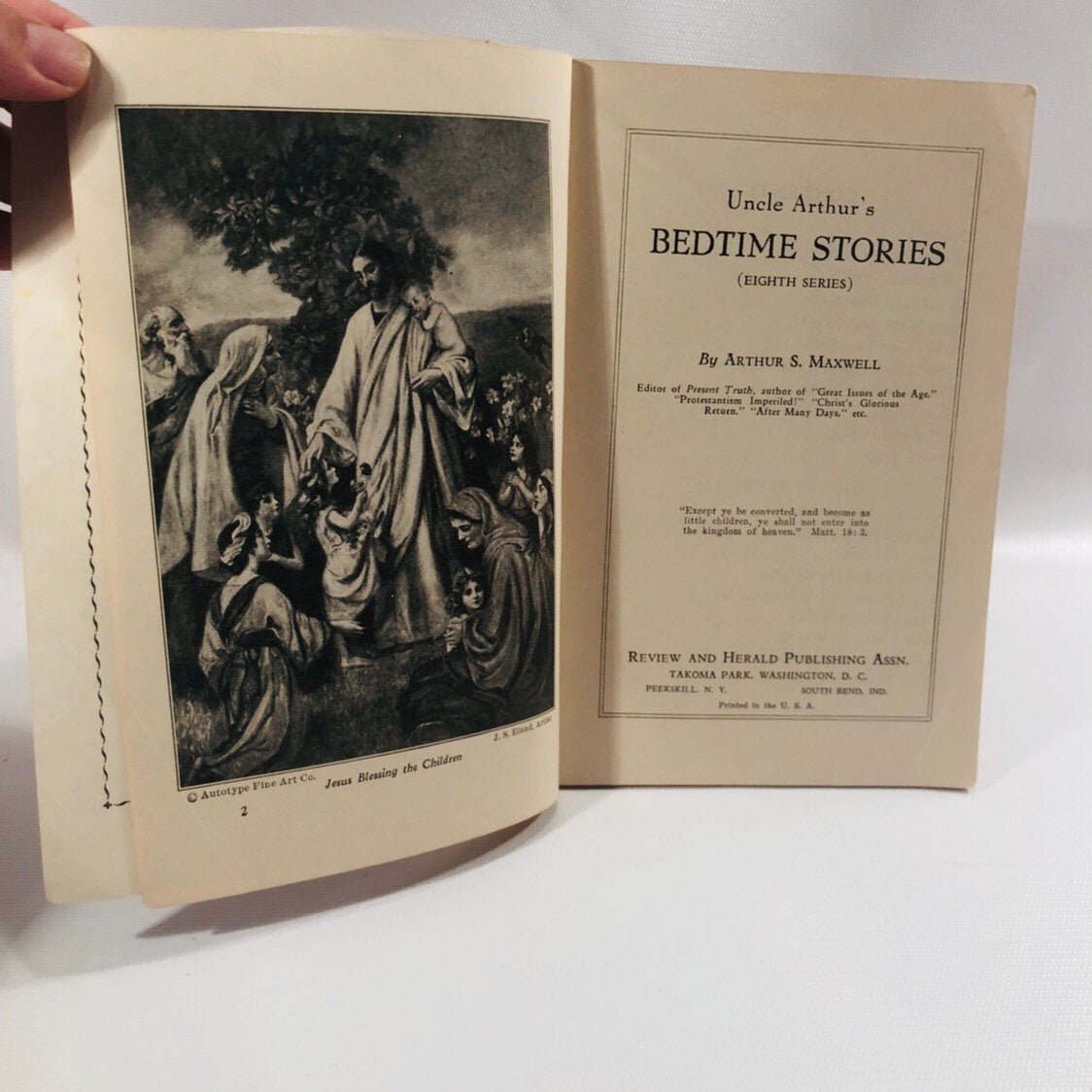 Frontispiece and title page of Uncle Arthur's Bedtime Stories Eighth Series, Review and Herald
