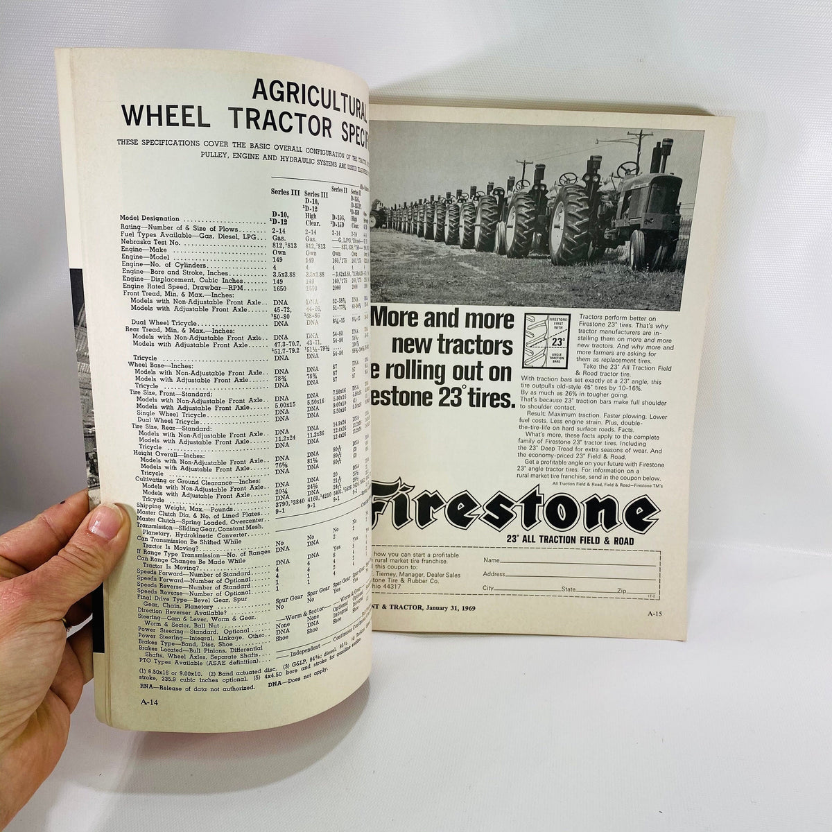 Agricultural Wheel Tractor specs and Firestone tires ad, Red Book 1969