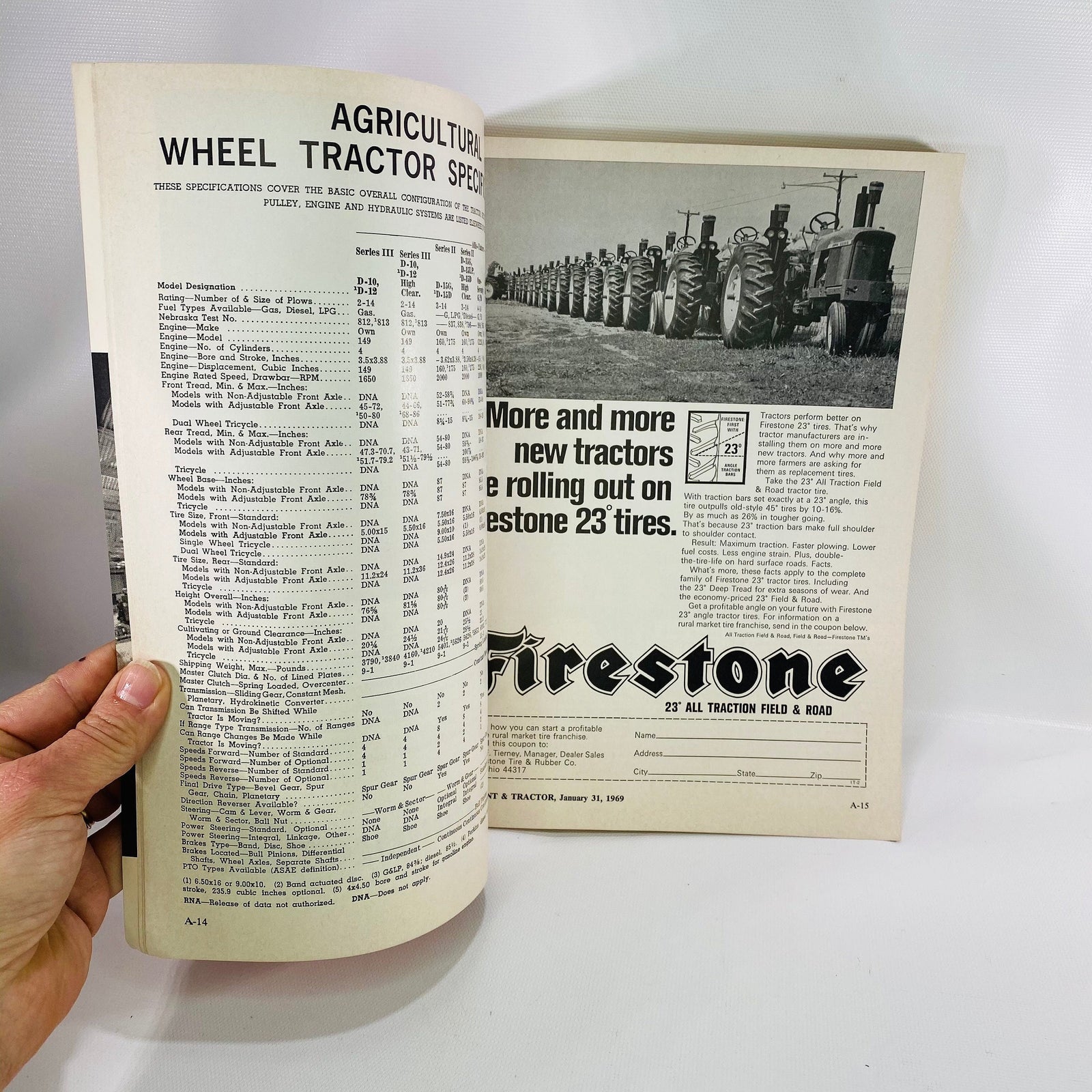 Agricultural Wheel Tractor specs and Firestone tires ad, Red Book 1969