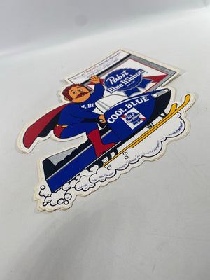 Rare Cool Blue riding a Snowmobile Vinyl Sticker Pabst Blue Ribbon Brewing Company -1970's