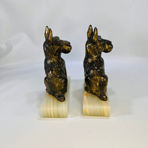 Pair of Scottish Terrier Dog Metal Bookends with Stone Base 1950s Vintage