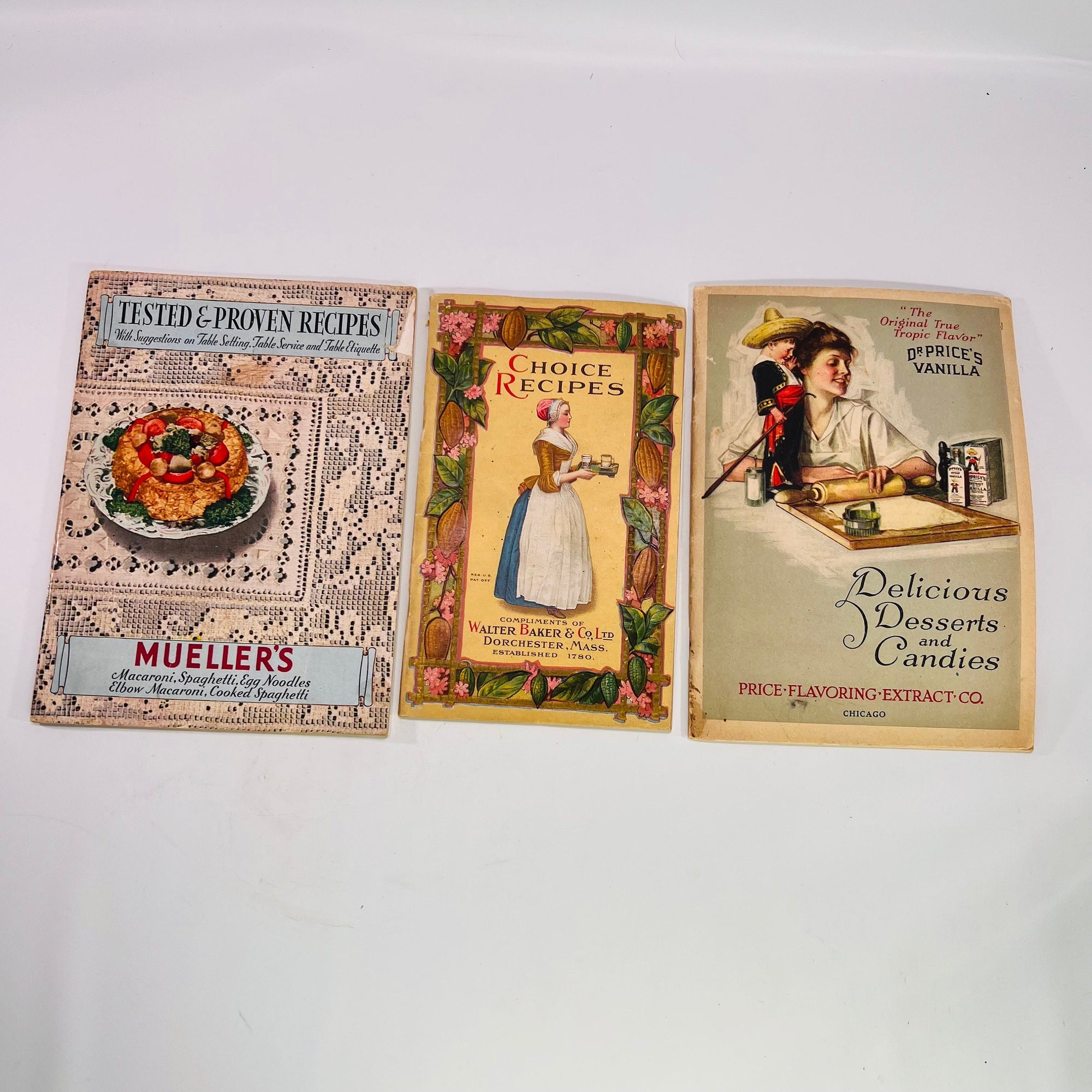 Three Recipe Advertising Booklets/Pamphlets Mueller's, Dr. Price Vanilla Walter Baker& Co. Dated 1923 1926 1930 Vintage Book