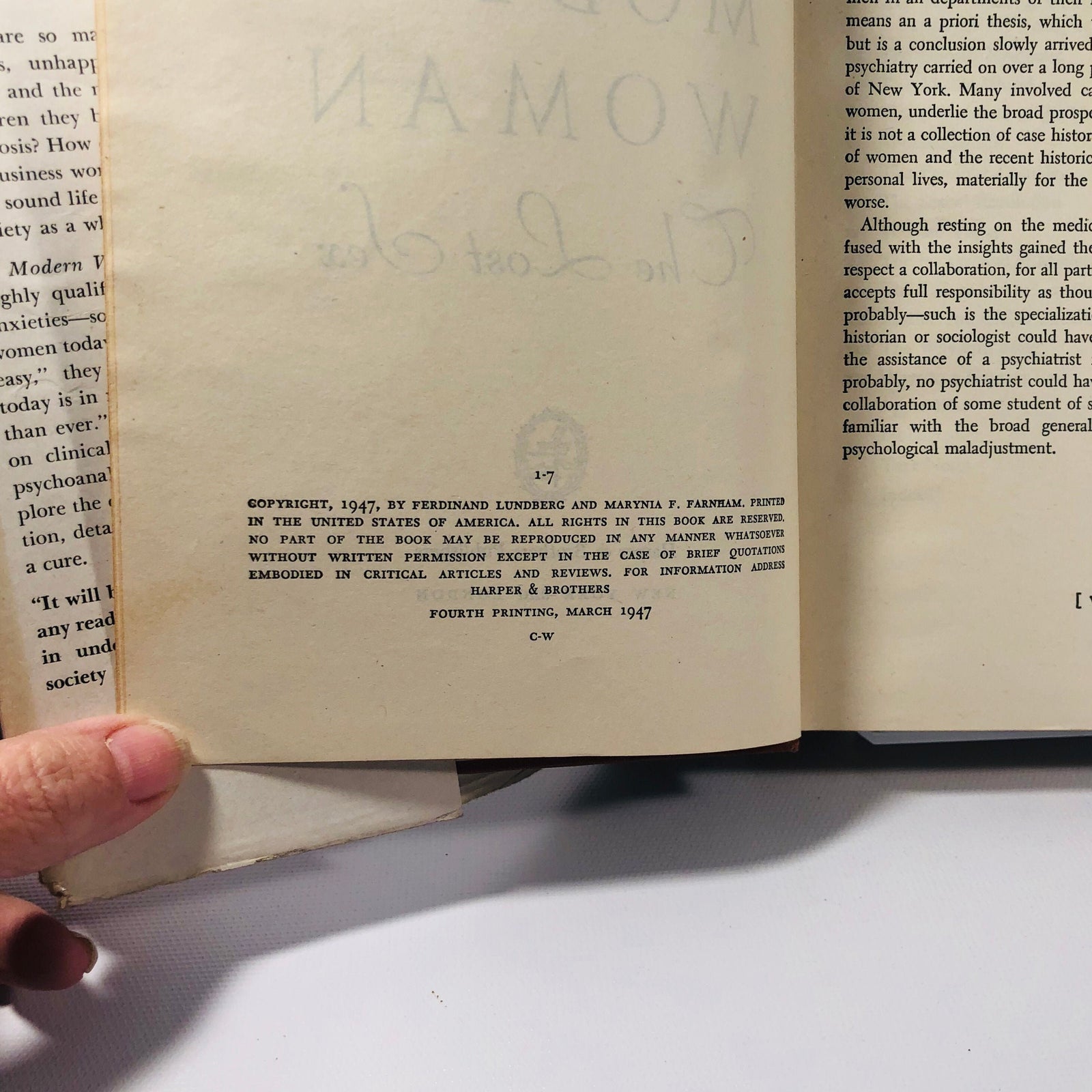 Modern Woman The Lost Sex by Ferdinand Lundberg March 1947 First Edition Fourth Printing Vintage Book