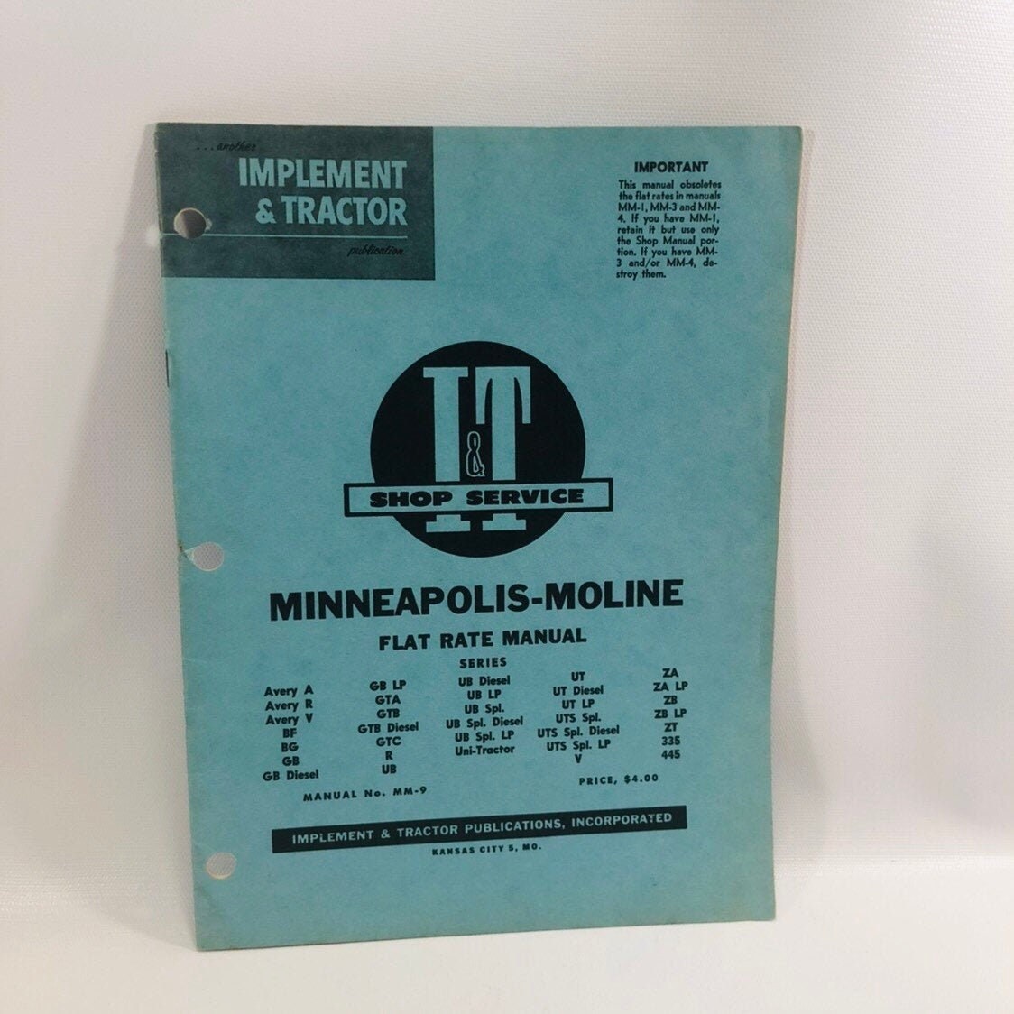 I&T Shop Service Flat Rate Manual No MM-9 Minneapolis-Moline 1959