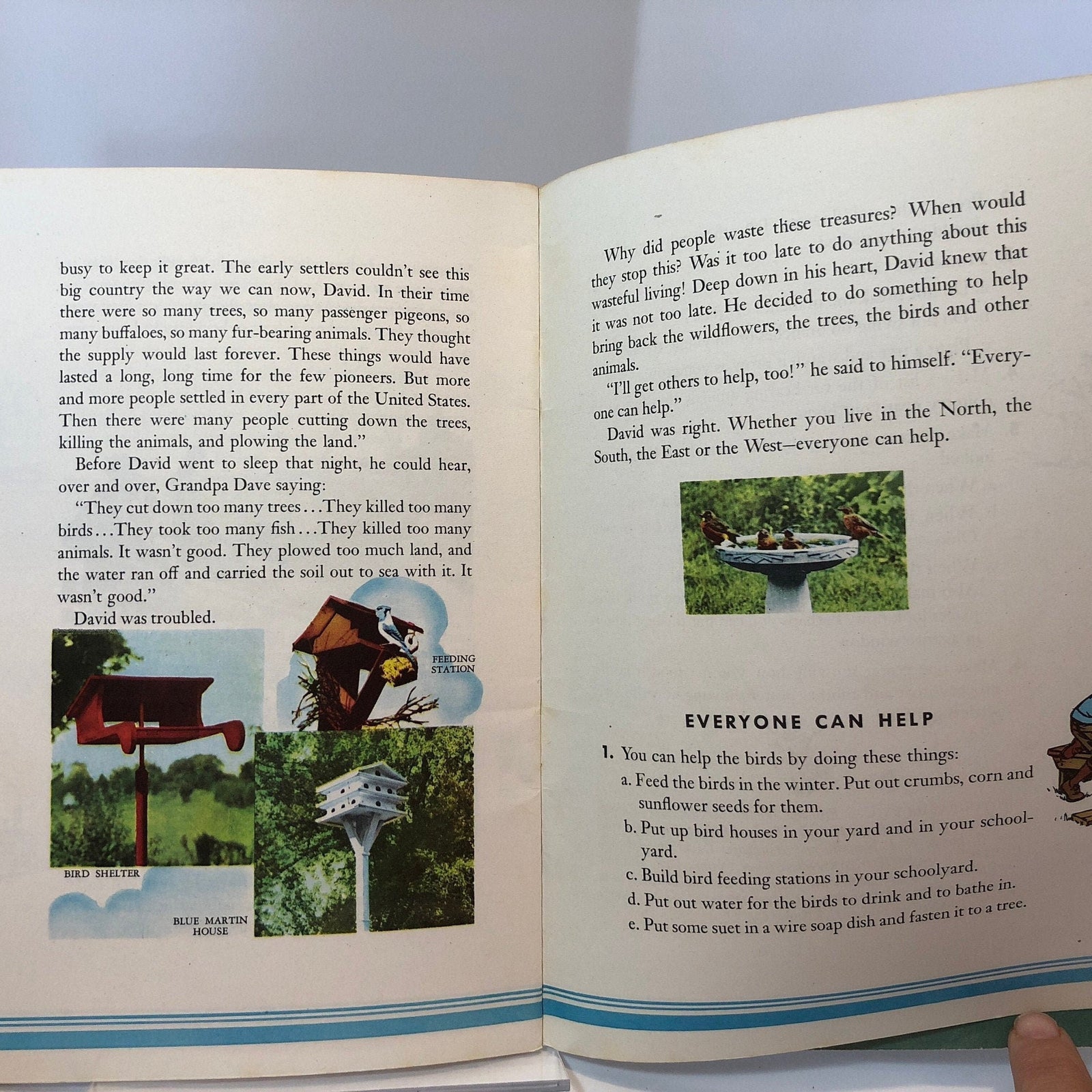 Everyone Can Help page with bird feeder and birdhouse pictures, National Wildlife 1953