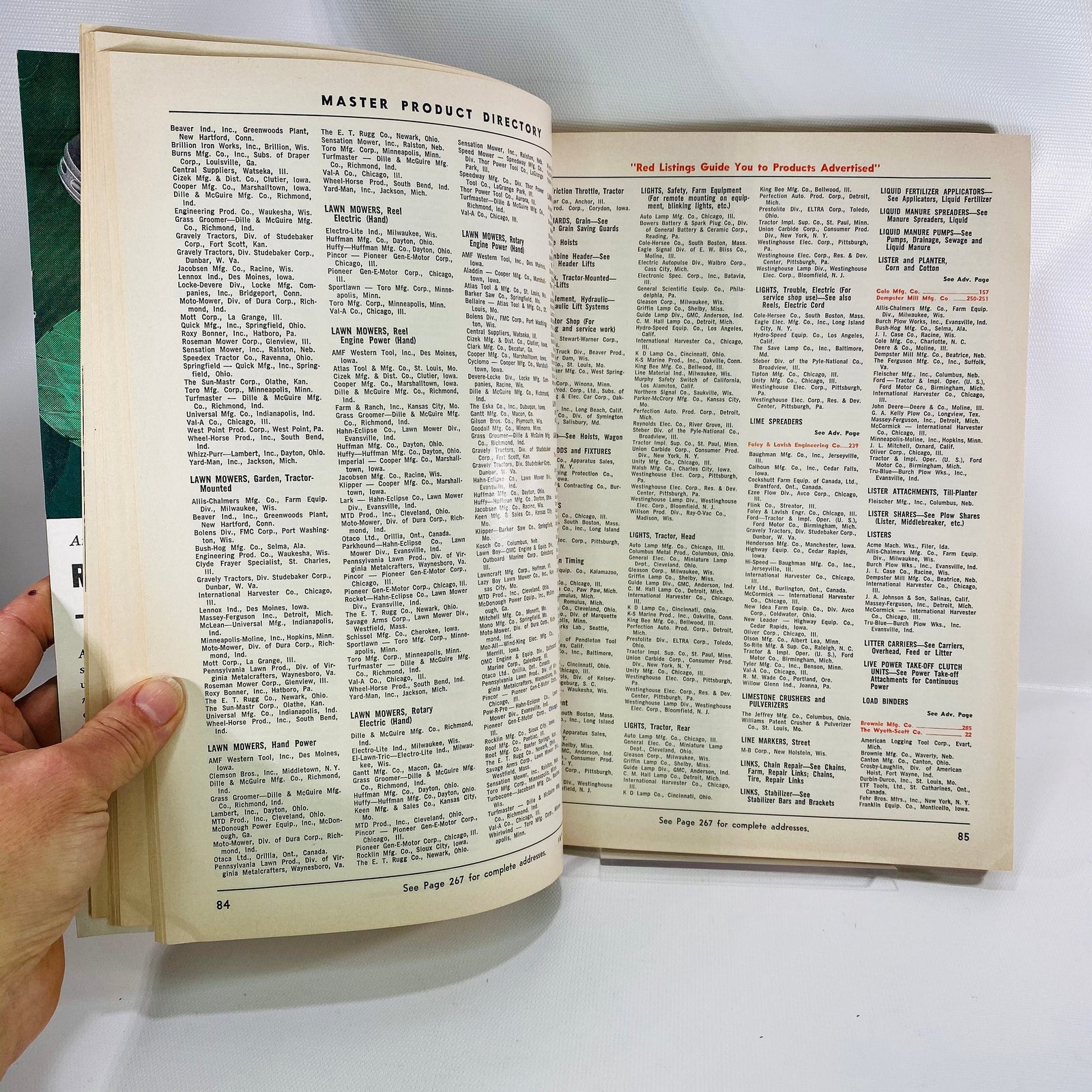 Master Product Directory spread with red listings, Product File March 1964