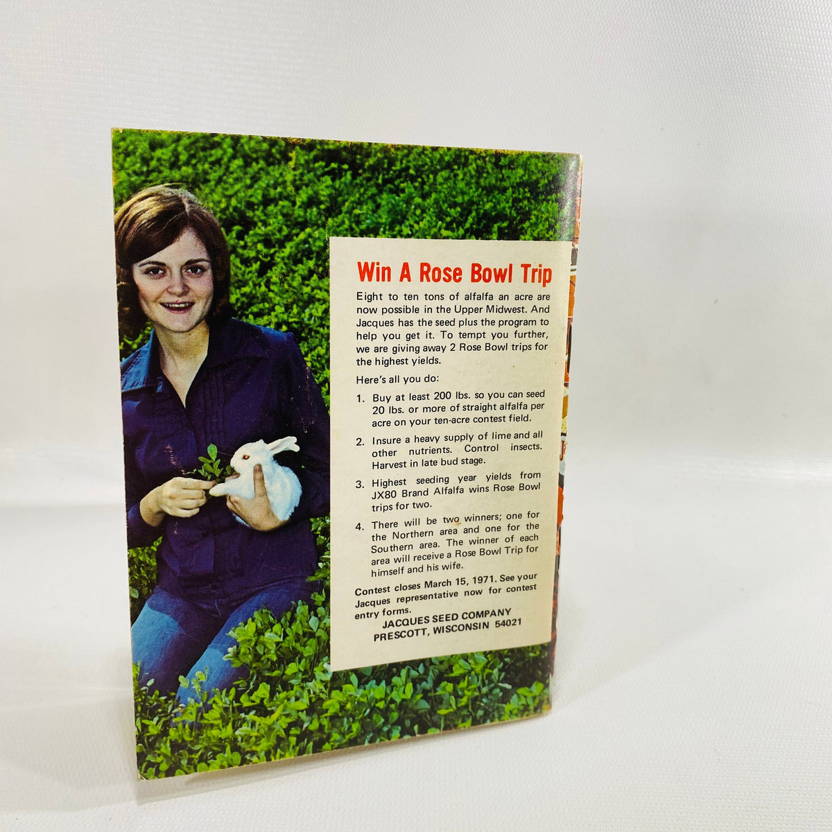 Back cover Win A Rose Bowl Trip alfalfa contest, Jacques Yield Trials 1971