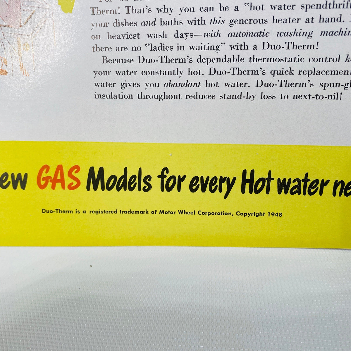 Advertising Pamphlet for Duo-Therm Gas Water Heaters by The Motor Wheel Corp of Lansing Michigan 1948