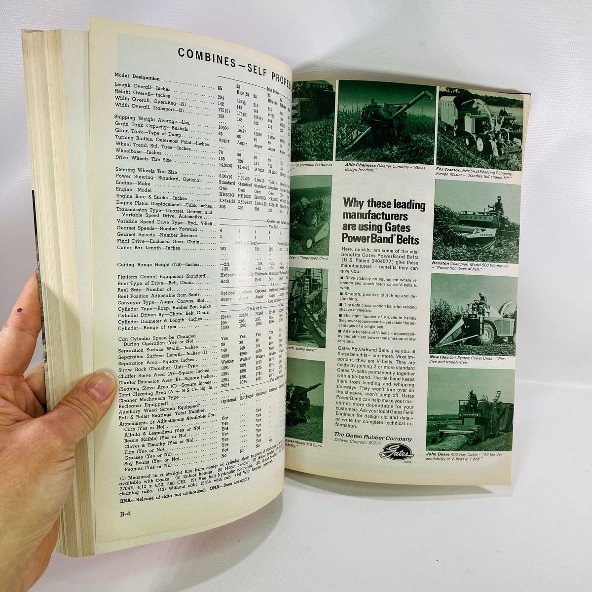 Combines Self Propelled spec table and Gates belts ad, Red Book 1969