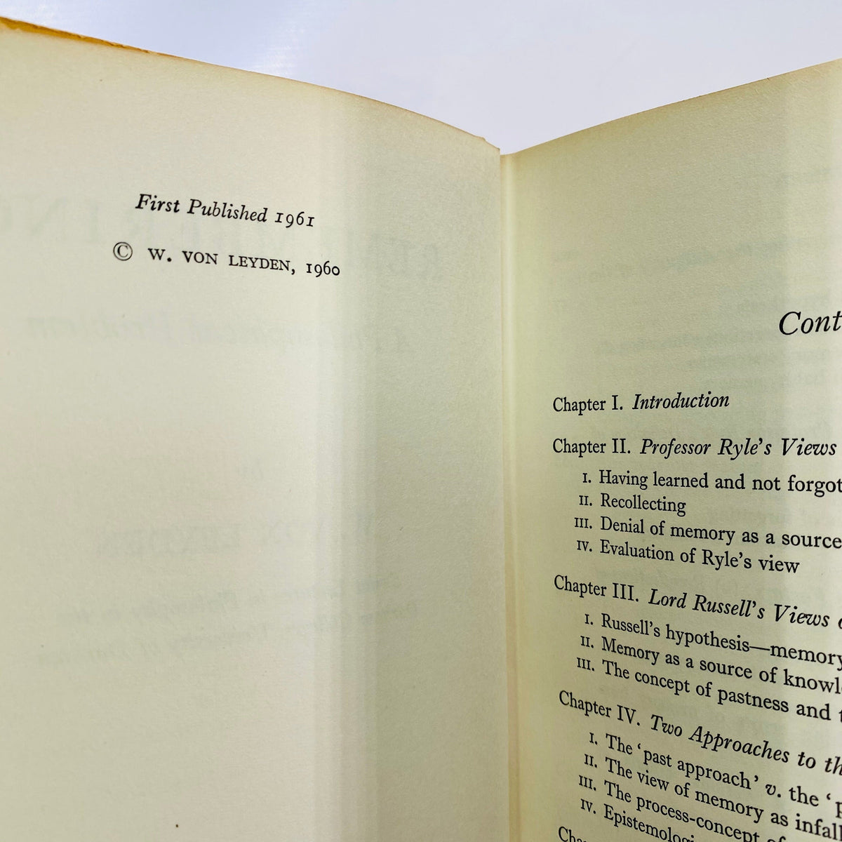 Remembering A Philosophical Problem by W. Von Leyden 1961 Vintage Book