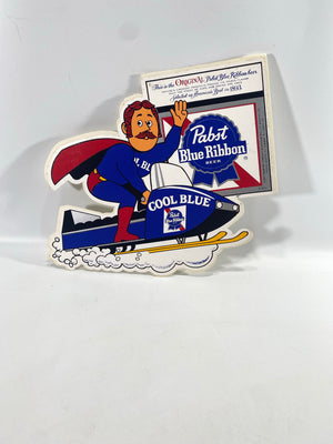 Rare Cool Blue riding a Snowmobile Vinyl Sticker Pabst Blue Ribbon Brewing Company -1970's