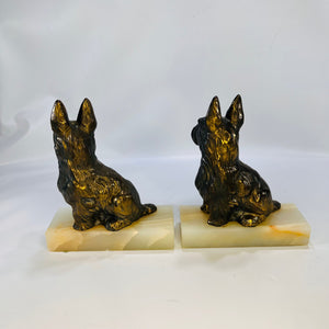 Pair of Scottish Terrier Dog Metal Bookends with Stone Base 1950s Vintage