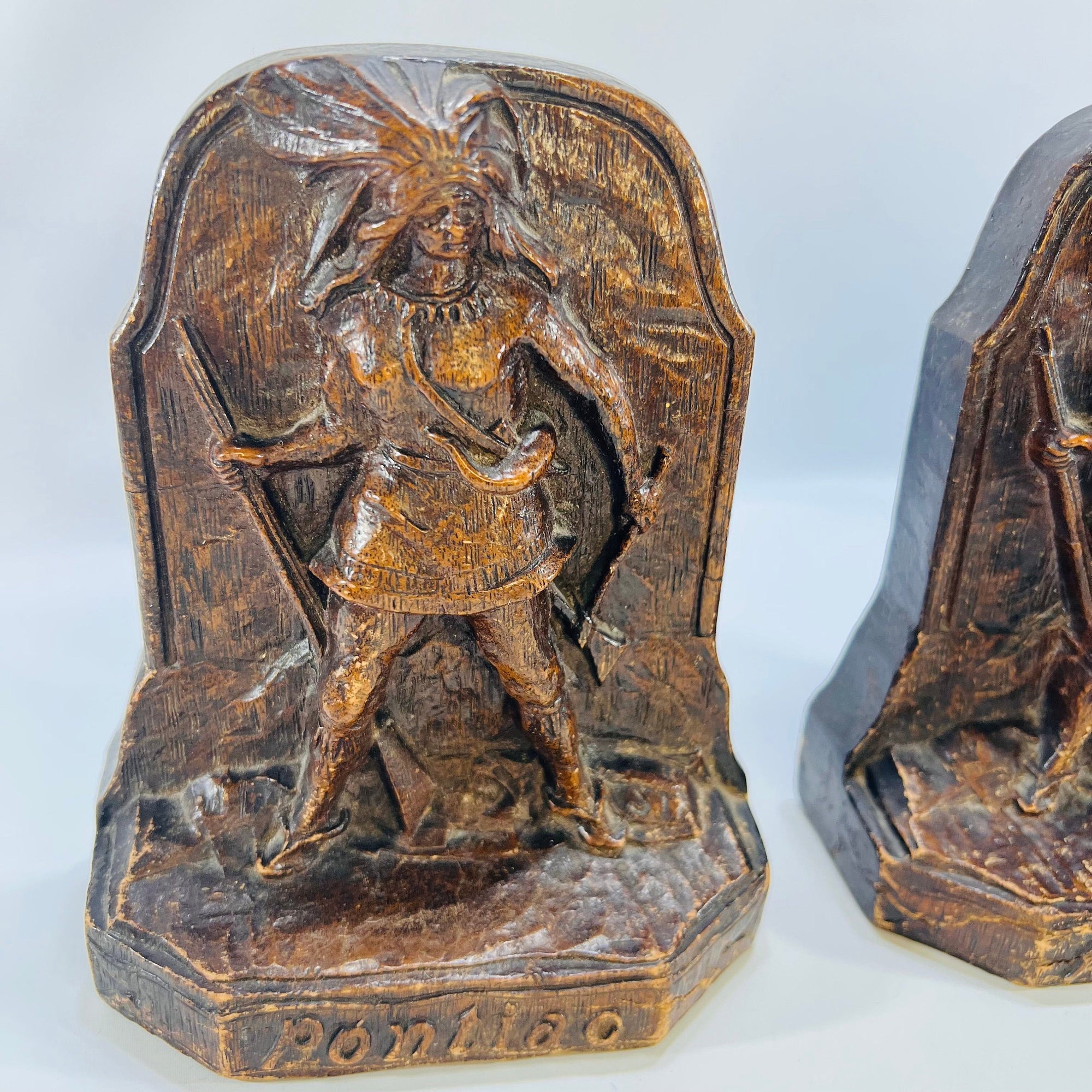 Pair of Pontiac Native American Vintage Genuine Burwood Bookends