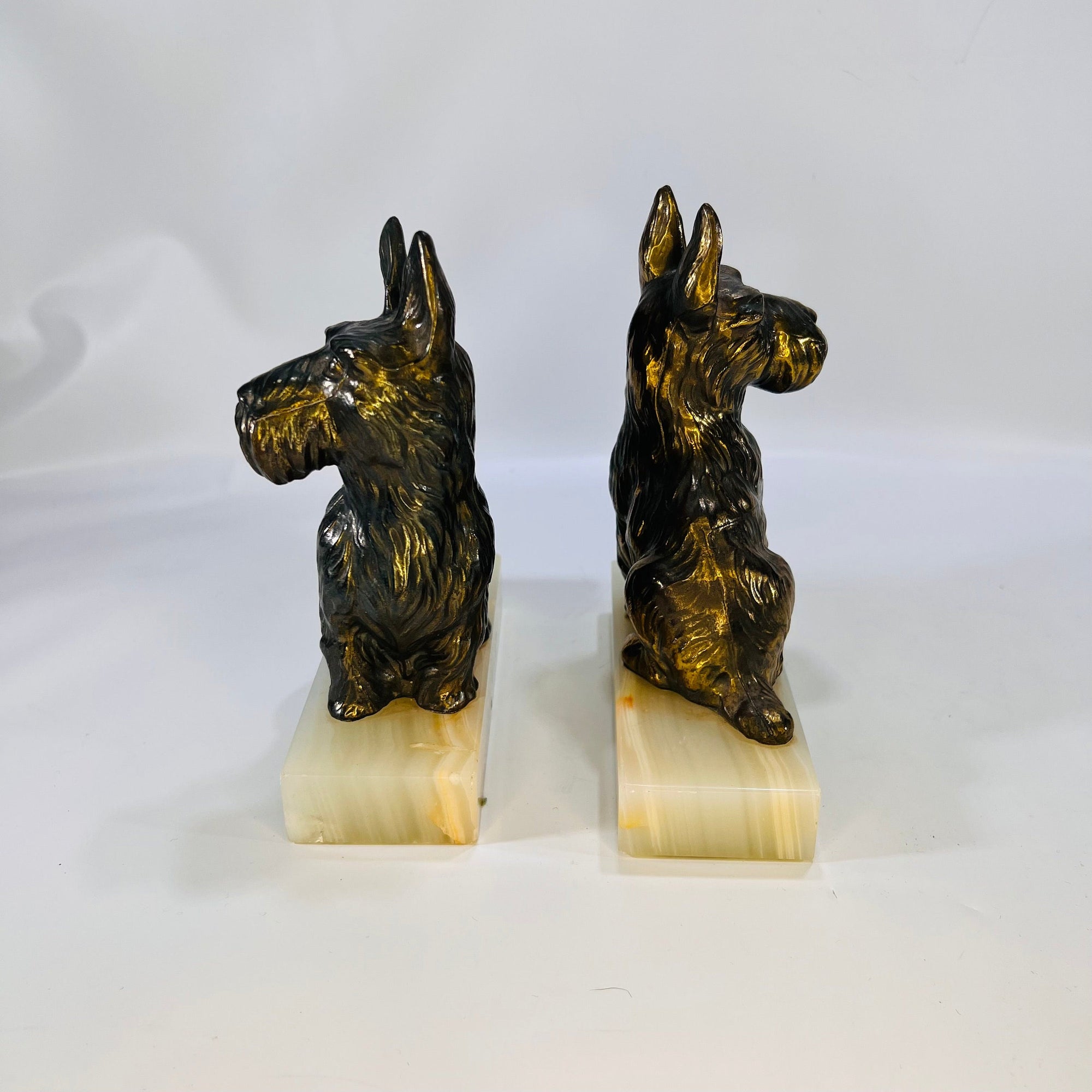 Pair of Scottish Terrier Dog Metal Bookends with Stone Base 1950s Vintage