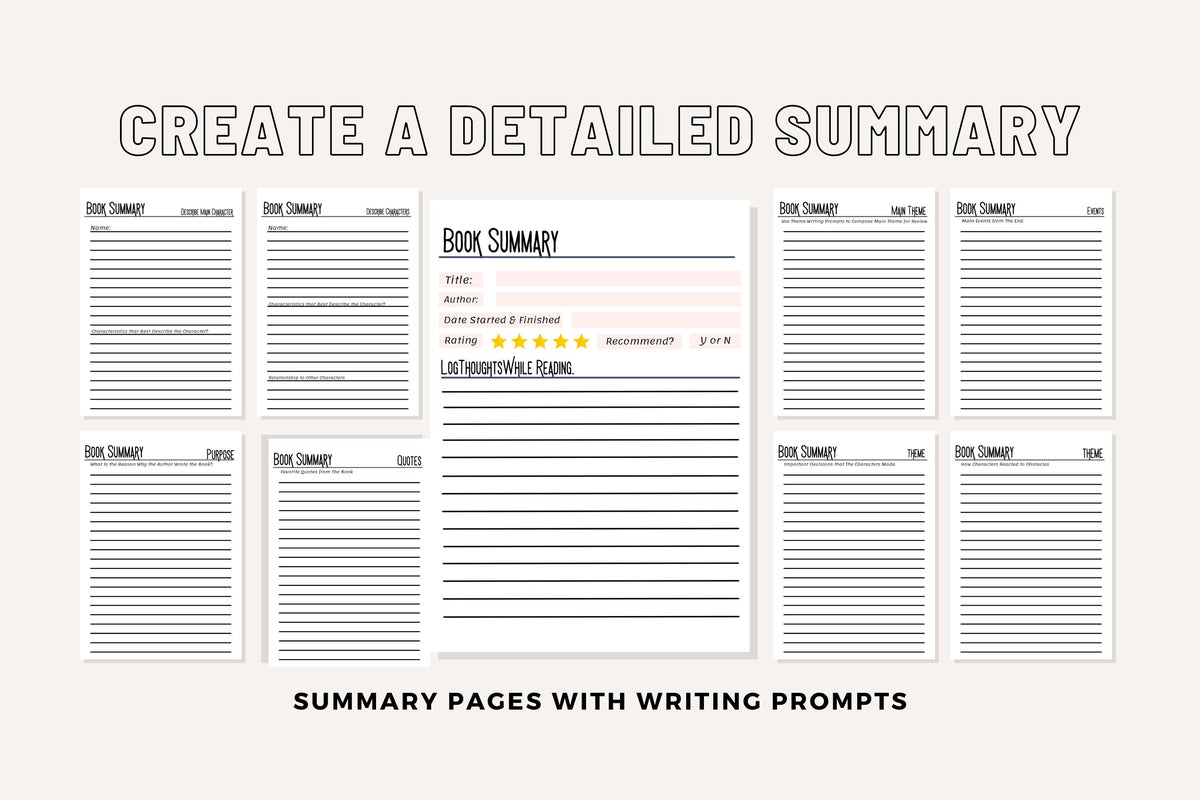 Book Review & Summary Template System Basic Writing Prompts for Book Club Quality Reviews Character Plot Event Quotes Printable Pages PDF A5
