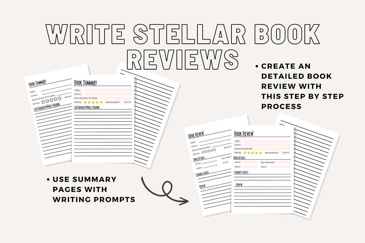 Book Review &amp; Summary Template System Basic Writing Prompts for Book Club Quality Reviews Character Plot Event Quotes Printable Pages PDF A5