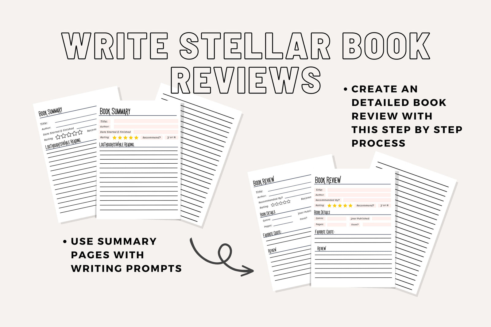 Book Review & Summary Template System Basic Writing Prompts for Book Club Quality Reviews Character Plot Event Quotes Printable Pages PDF A5