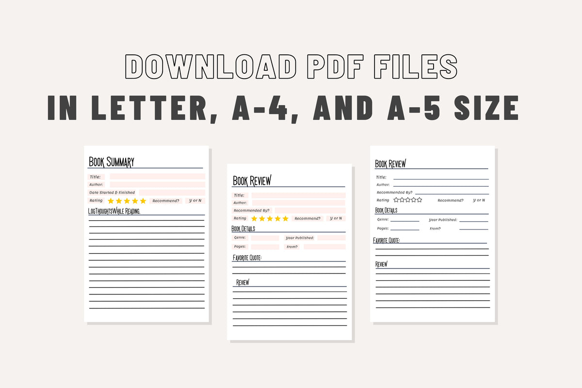 Book Review & Summary Template System Basic Writing Prompts for Book Club Quality Reviews Character Plot Event Quotes Printable Pages PDF A5