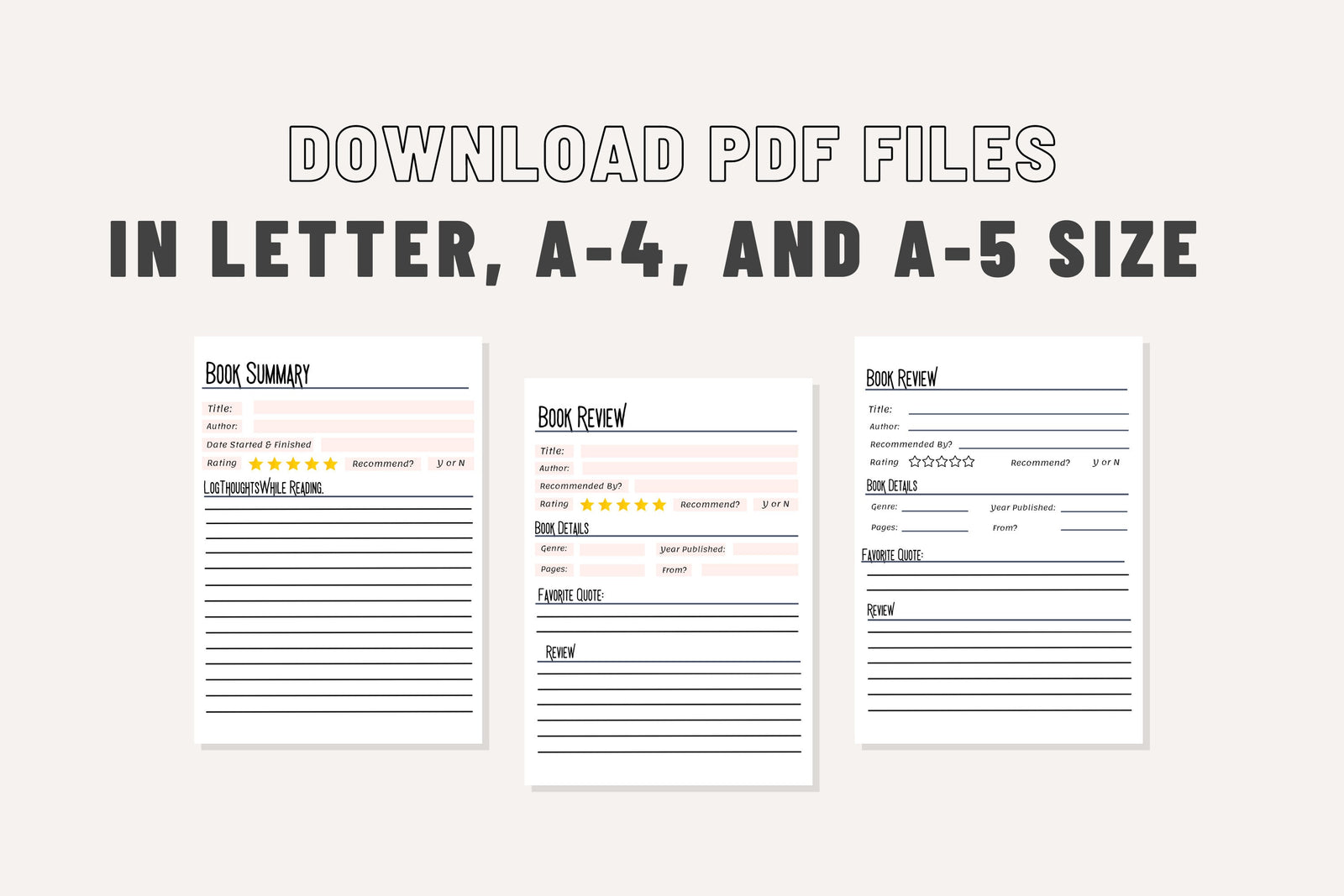 Book Review & Summary Template System Basic Writing Prompts for Book Club Quality Reviews Character Plot Event Quotes Printable Pages PDF A5
