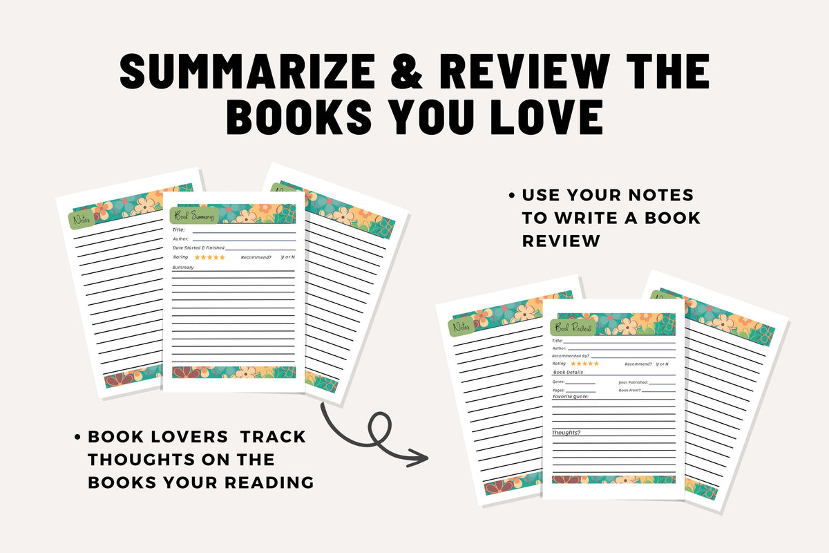 Reading Planner Cute Floral Printable Journal Templates Easy to Track Daily Organize Library Book Club Wish List Reviews Monthly Goals Pdf