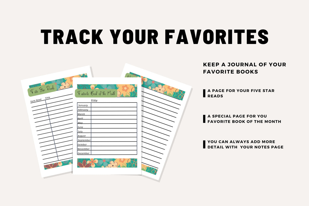 Reading Planner Cute Floral Printable Journal Templates Easy to Track Daily Organize Library Book Club Wish List Reviews Monthly Goals Pdf