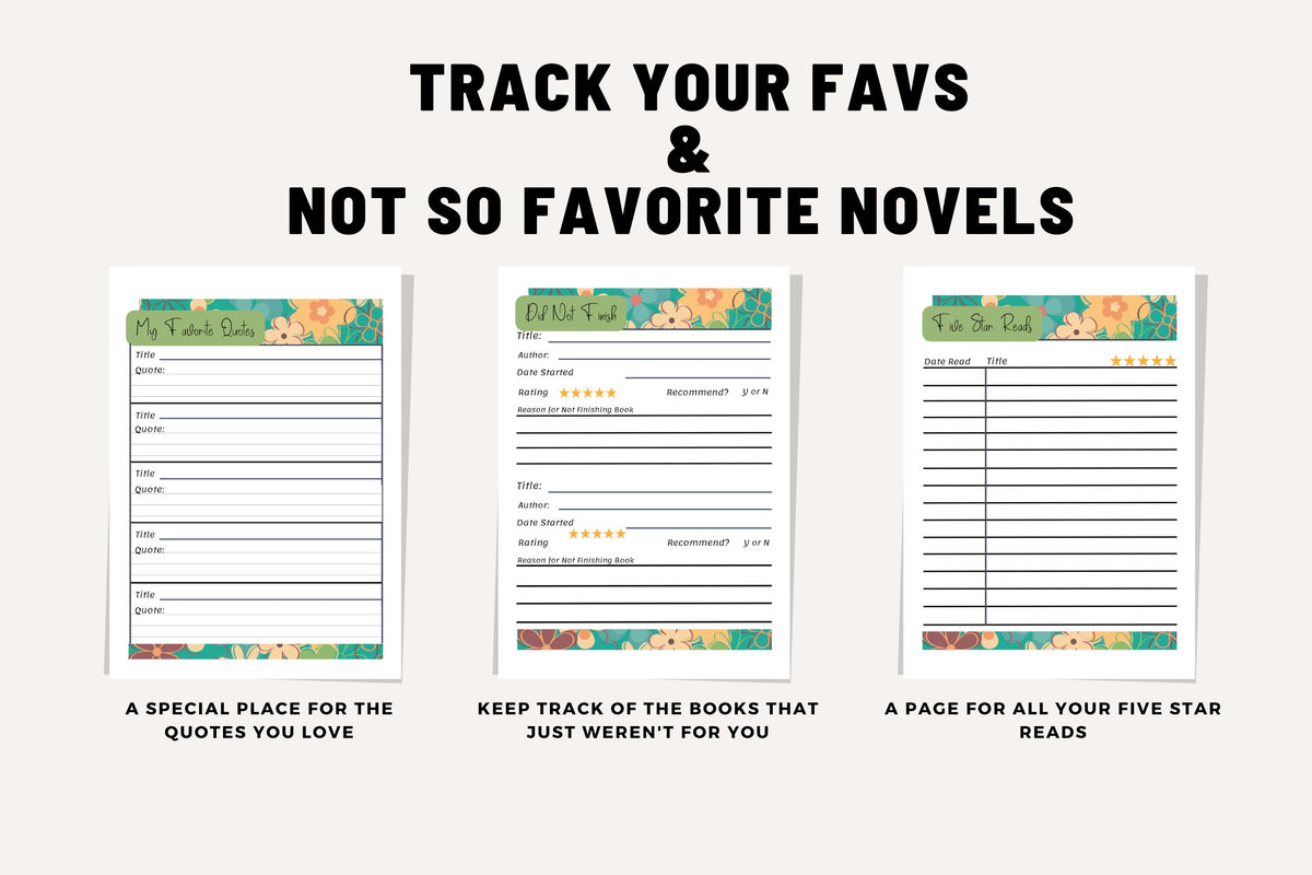 Reading Planner Cute Floral Printable Journal Templates Easy to Track Daily Organize Library Book Club Wish List Reviews Monthly Goals Pdf