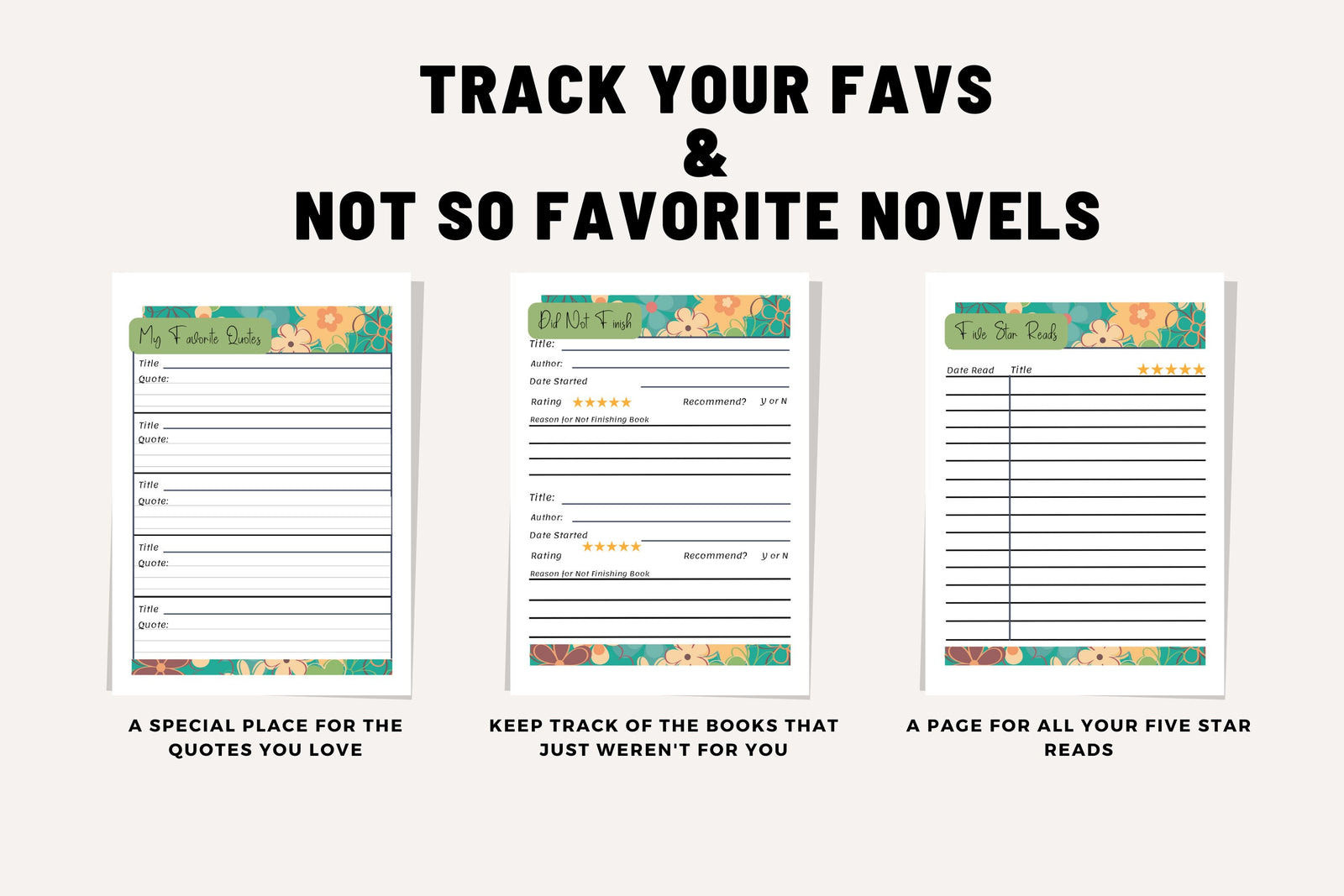 Reading Planner Cute Floral Printable Journal Templates Easy to Track Daily Organize Library Book Club Wish List Reviews Monthly Goals Pdf