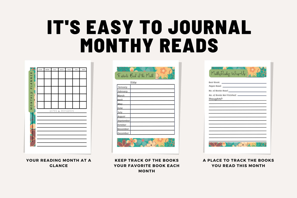 Reading Planner Cute Floral Printable Journal Templates Easy to Track Daily Organize Library Book Club Wish List Reviews Monthly Goals Pdf