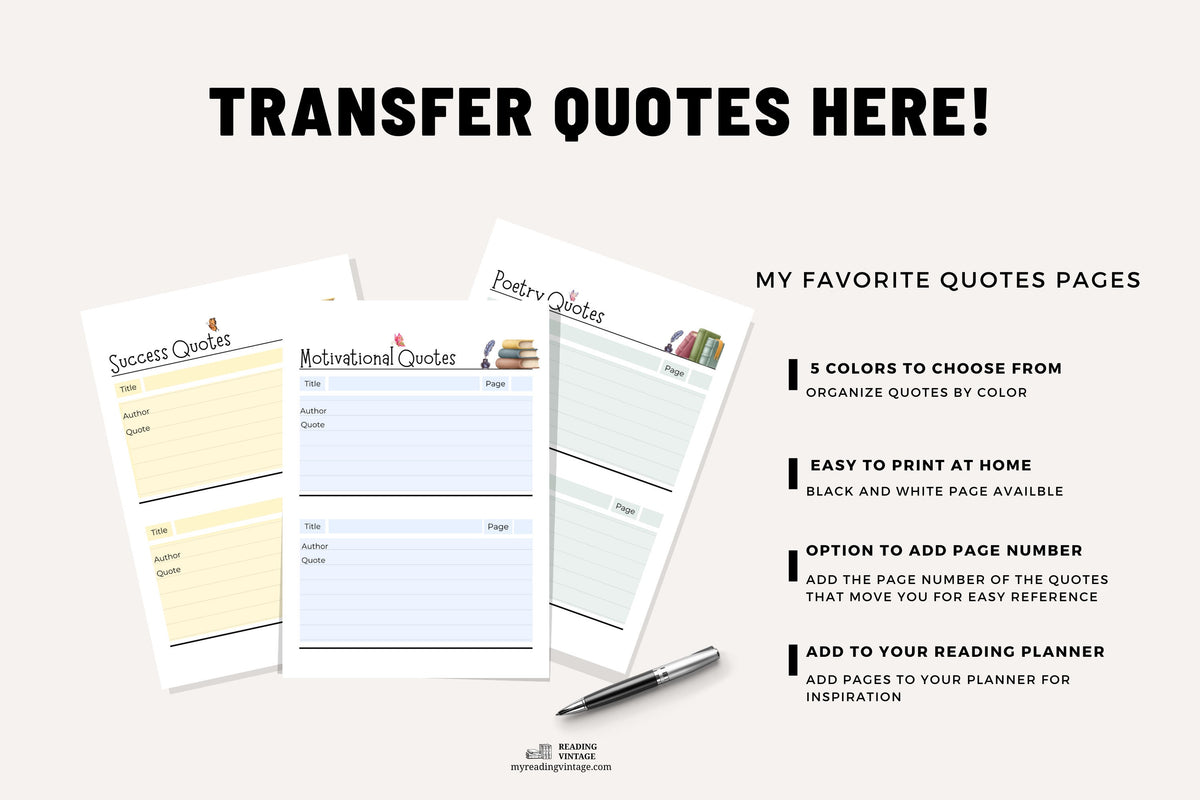 Book Quotes Bundle (Printable Quote Pages for Reading Planners) – Digital Download PDF