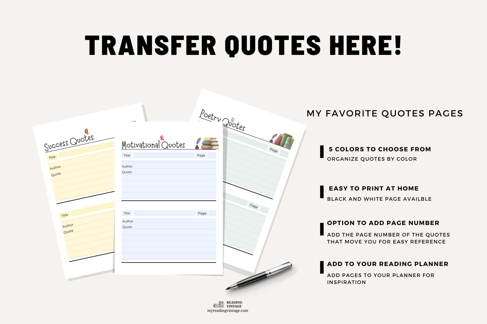 Book Quotes Bundle (Printable Quote Pages for Reading Planners) – Digital Download PDF