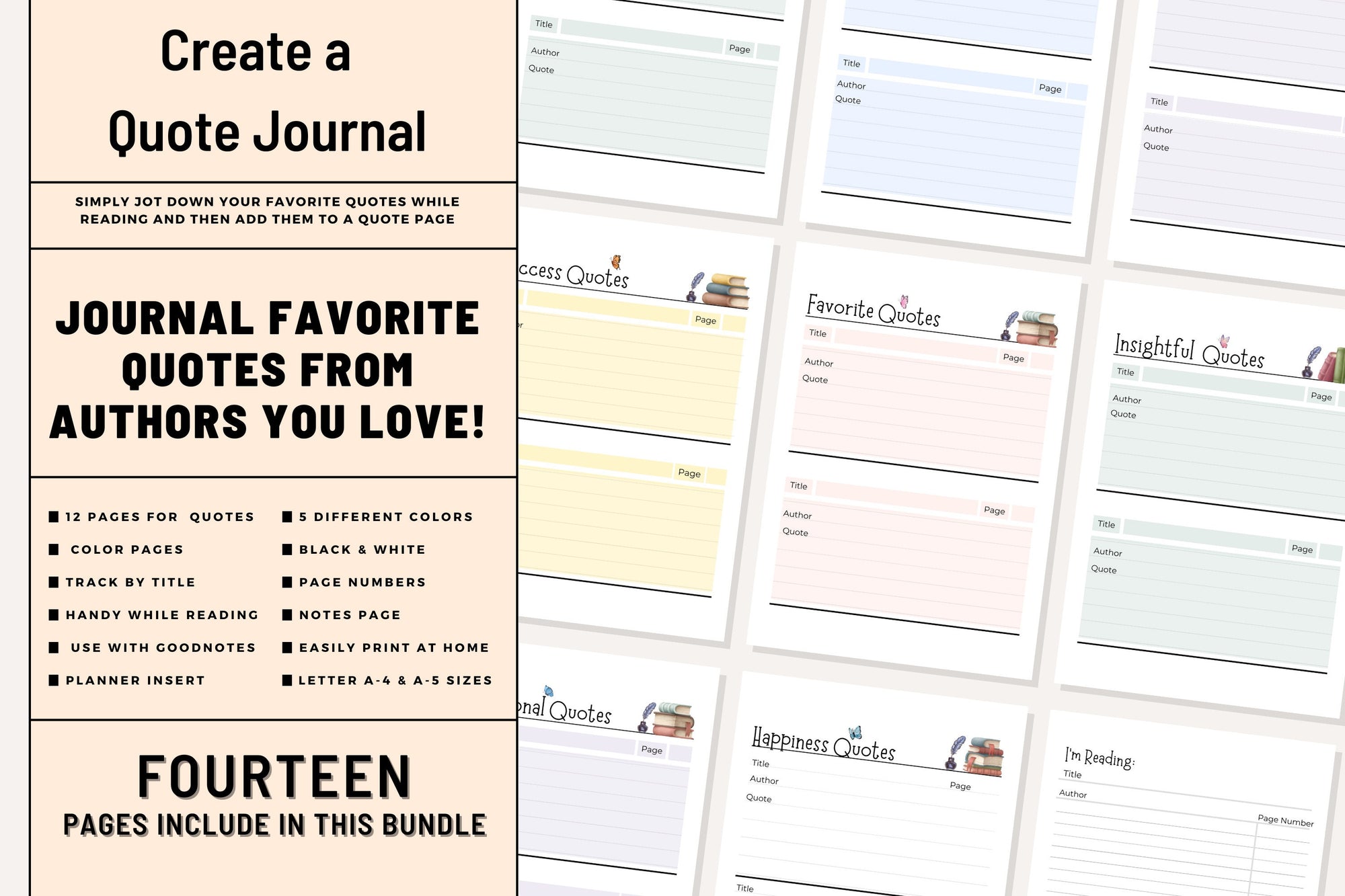 Book Quotes Bundle 12 Pages Add to Reading Planner Log Favorite Author Success Hope History Love Poetry Quotes Color & Note Page Pdf Files