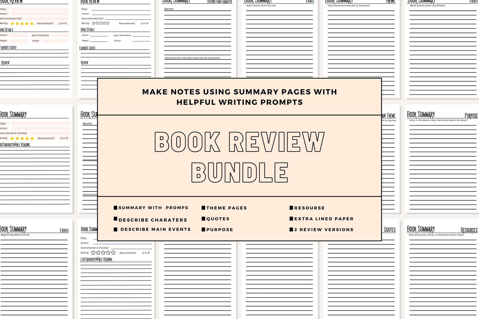Book Review & Summary Template System Basic Writing Prompts for Book Club Quality Reviews Character Plot Event Quotes Printable Pages PDF A5